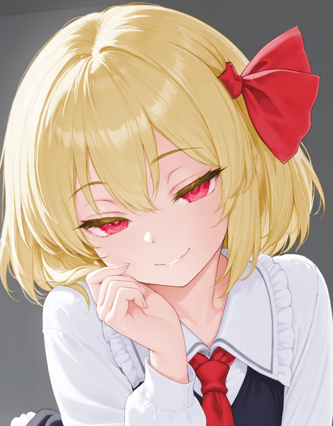 rumia, touhou, highres, 1girl, black dress, blonde hair, dress, hair ribbon, half-closed eyes, herma 666, looking at viewer, naughty face, pinafore dress, red eyes, red ribbon, ribbon, shirt, short hair, sleeveless, sleeveless dress, smile, solo, upper body, white shirt