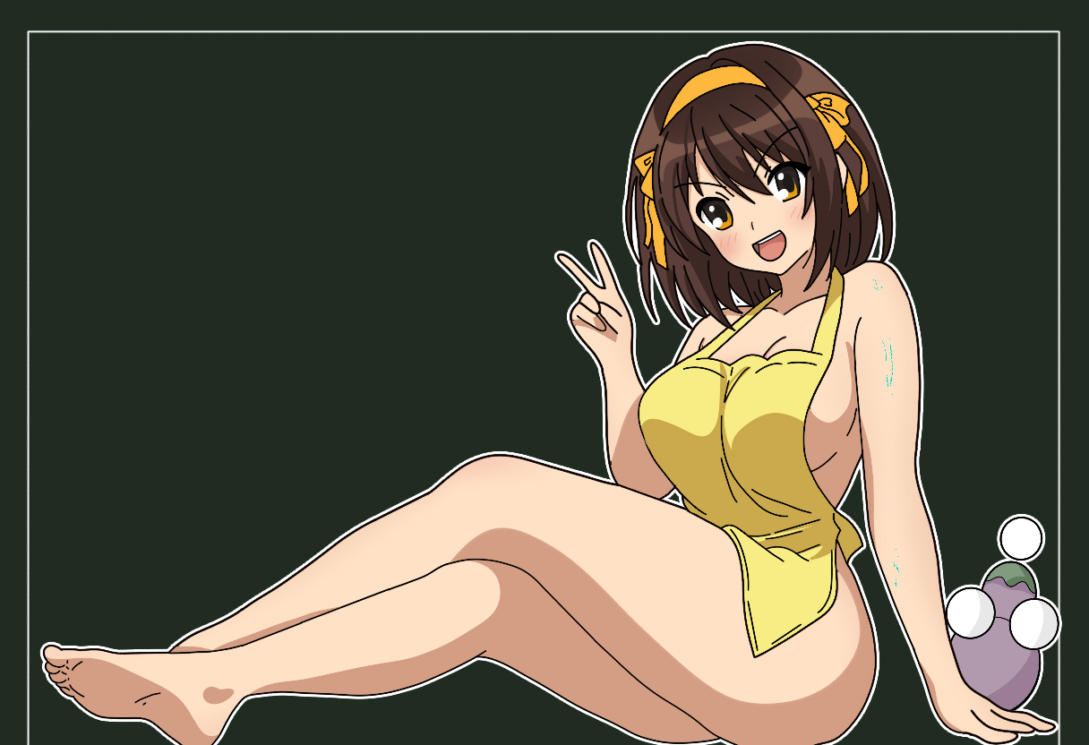 yuiyu ki, suzumiya haruhi, suzumiya haruhi no yuuutsu, commentary, 1girl, :d, apron, arm support, barefoot, breasts, brown hair, crossed legs, eggplant, full body, green background, hairband, looking at viewer, medium breasts, naked apron, open mouth, orange hairband, orange ribbon, ribbon, smile, soles, solo, toes, v, yellow apron