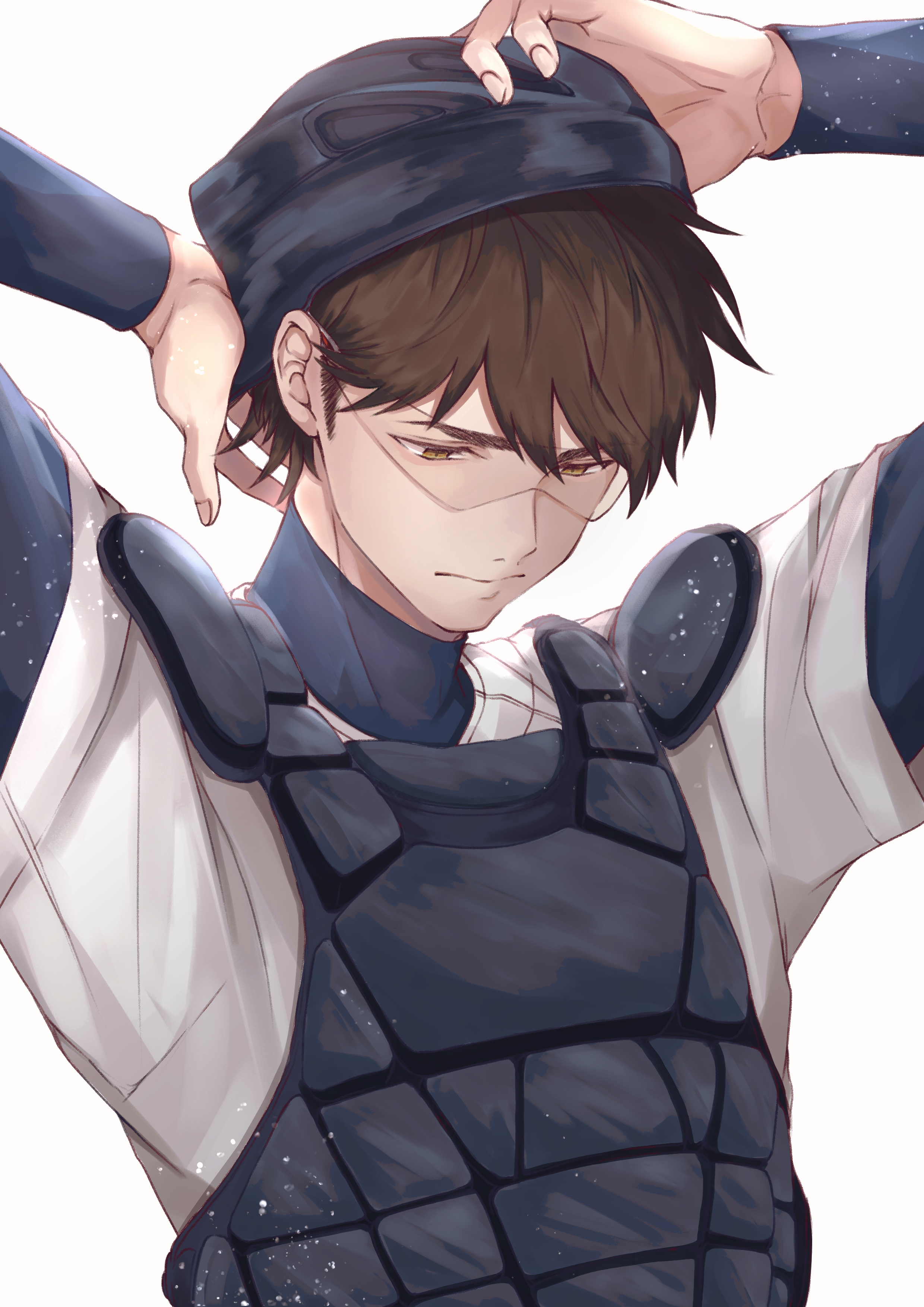 aiaipoponta0605, miyuki kazuya, ace of diamond, absurdres, commentary request, highres, 1boy, adjusting clothes, adjusting headwear, baseball glove, baseball helmet, baseball jersey, baseball uniform, brown eyes, brown hair, chest protector, closed mouth, facing down, fingernails, goggles, helmet, high collar, jersey, male focus, short hair, sideburns, simple background, solo, sportswear, upper body, white background