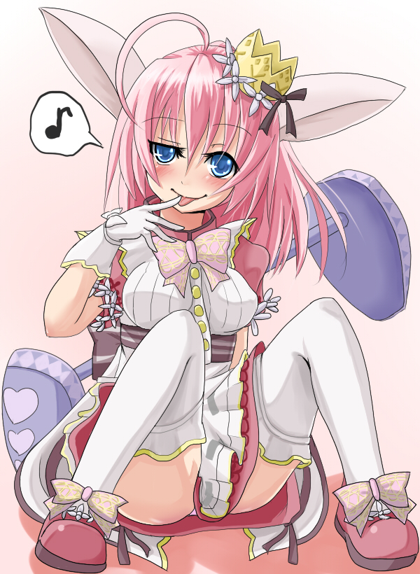 tyazuke, emil chronicle online, 1girl, ahoge, animal ears, apron, blue eyes, blush, breasts, come hither, crown, dress, finger to tongue, frilled dress, frills, gloves, large breasts, minnie doe alma, musical note, neck ribbon, panties, pink dress, pink hair, pink panties, pink ribbon, pink shoes, ponytail, rabbit ears, rabbit girl, ribbon, shoes, solo, spoken musical note, spread legs, thighhighs, tongue, tongue out, underwear, white apron, white gloves, white thighhighs