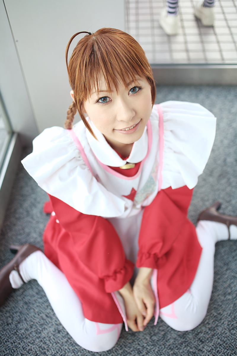 chippi, arika yumemiya, my-otome, white legwear, highres, photo (medium), 1girl, ahoge, apron, arika yumemiya (cosplay), asian, blue eyes, blurry, braid, color contacts, cosplay, depth of field, female focus, indoors, long hair, looking at viewer, maid, maid apron, school uniform, sitting, smile, solo, twin braids, wariza