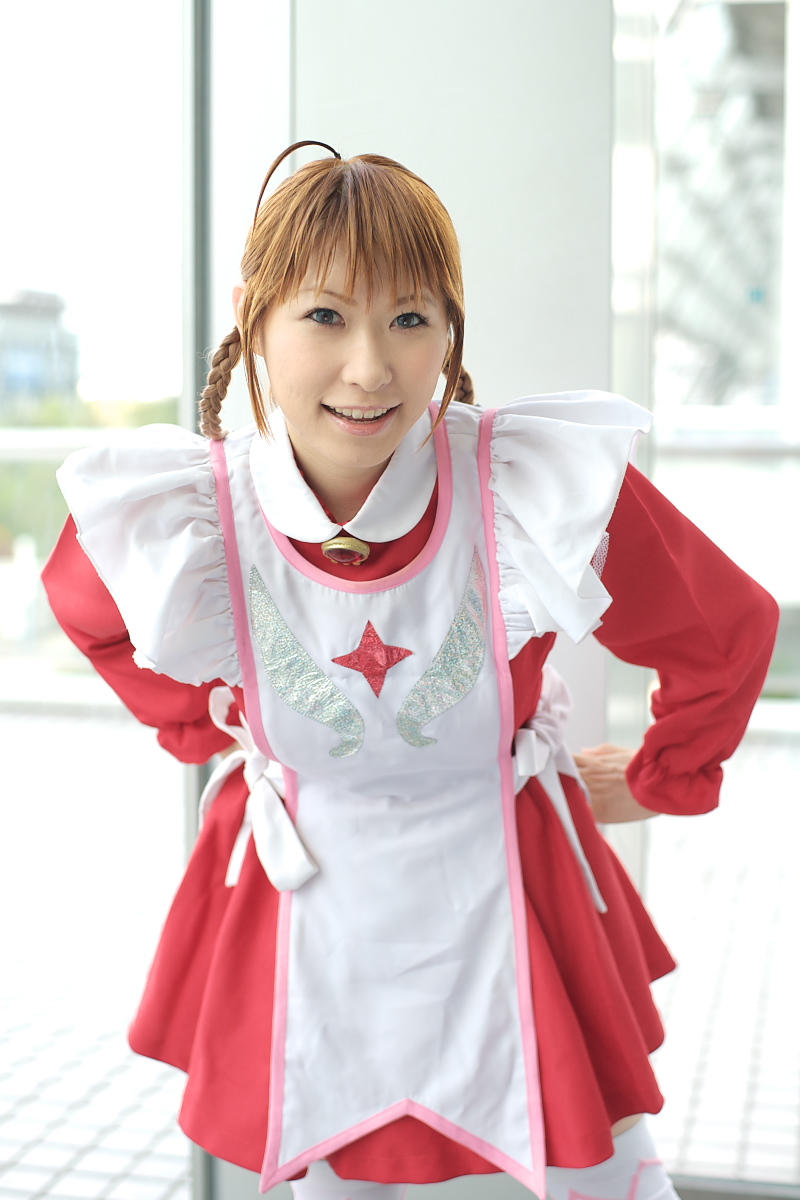 chippi, arika yumemiya, my-otome, white legwear, highres, photo (medium), 1girl, ahoge, apron, arika yumemiya (cosplay), asian, blue eyes, blurry, braid, color contacts, cosplay, depth of field, female focus, indoors, long hair, looking at viewer, maid, maid apron, school uniform, smile, solo, twin braids