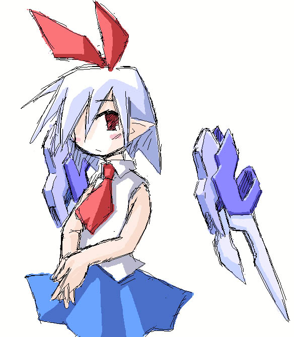 kugelschreiber, pleinair, disgaea, nippon ichi, bad source, 1girl, anime coloring, aqua hair, bare arms, bare shoulders, blush stickers, closed mouth, collared shirt, cowboy shot, detached wings, expressionless, frown, hair over one eye, hair ribbon, interlocked fingers, jaggy lines, looking at viewer, mechanical wings, medium hair, miniskirt, necktie, no nose, one eye covered, own hands together, pleated skirt, pointy ears, red eyes, red necktie, red ribbon, ribbon, shirt, simple background, skirt, sleeveless, sleeveless shirt, solo, white background, white shirt, wing collar, wings
