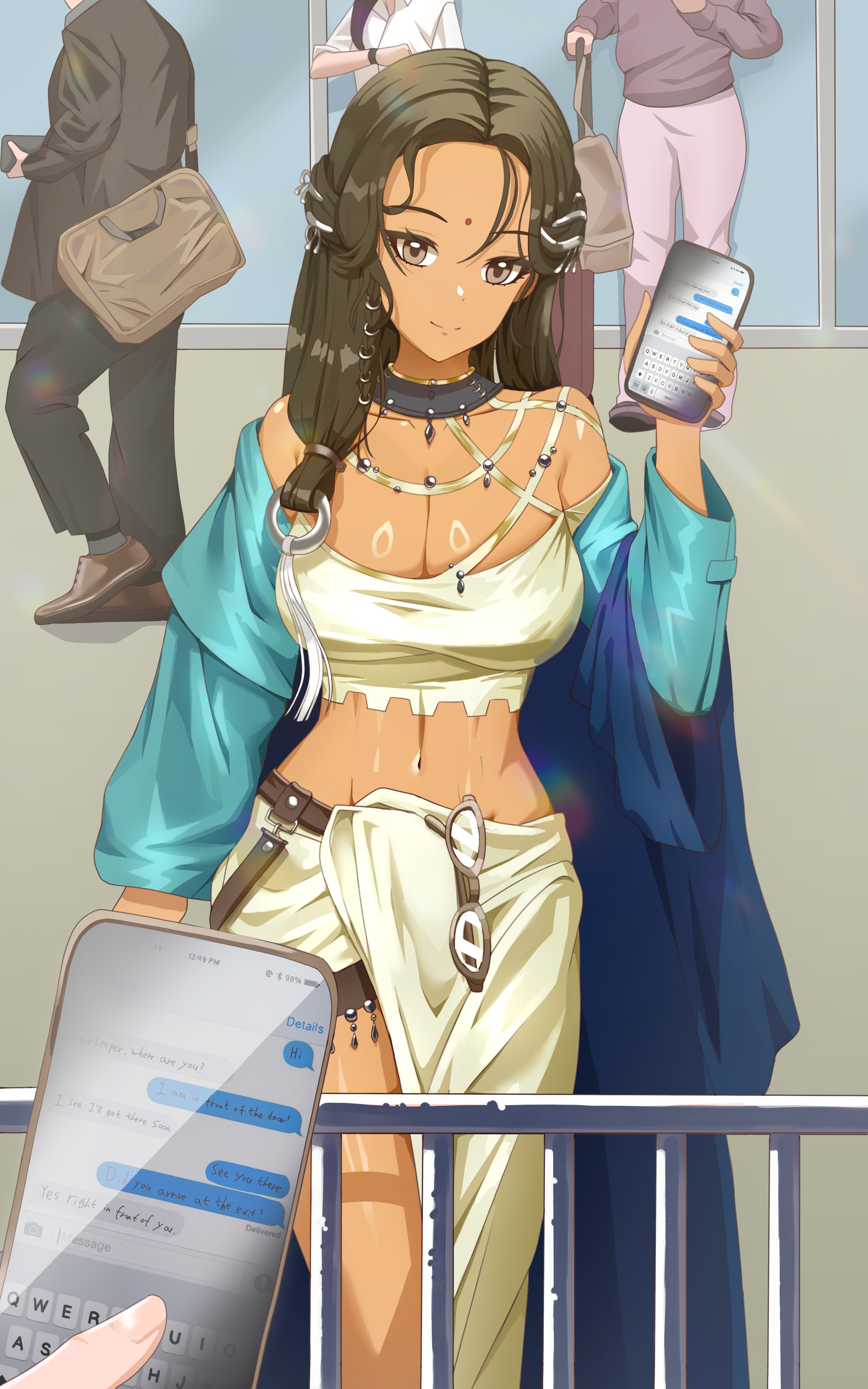 taylor (41848077), kaalaa baunaa, reverse:1999, absurdres, highres, 1girl, 4others, asymmetrical clothes, bare shoulders, bindi, black choker, black hair, blue coat, breasts, cellphone, choker, cleavage, coat, dark-skinned female, dark skin, eyewear hang, facial mark, forehead mark, glasses, grey eyes, hair ornament, hand up, holding, holding phone, large breasts, long hair, looking at viewer, midriff, multiple others, navel, off shoulder, pants, people, phone, pov, pov hands, railing, ring hair ornament, shirt, single pantsleg, smartphone, smile, solo focus, unworn eyewear, yellow pants, yellow shirt