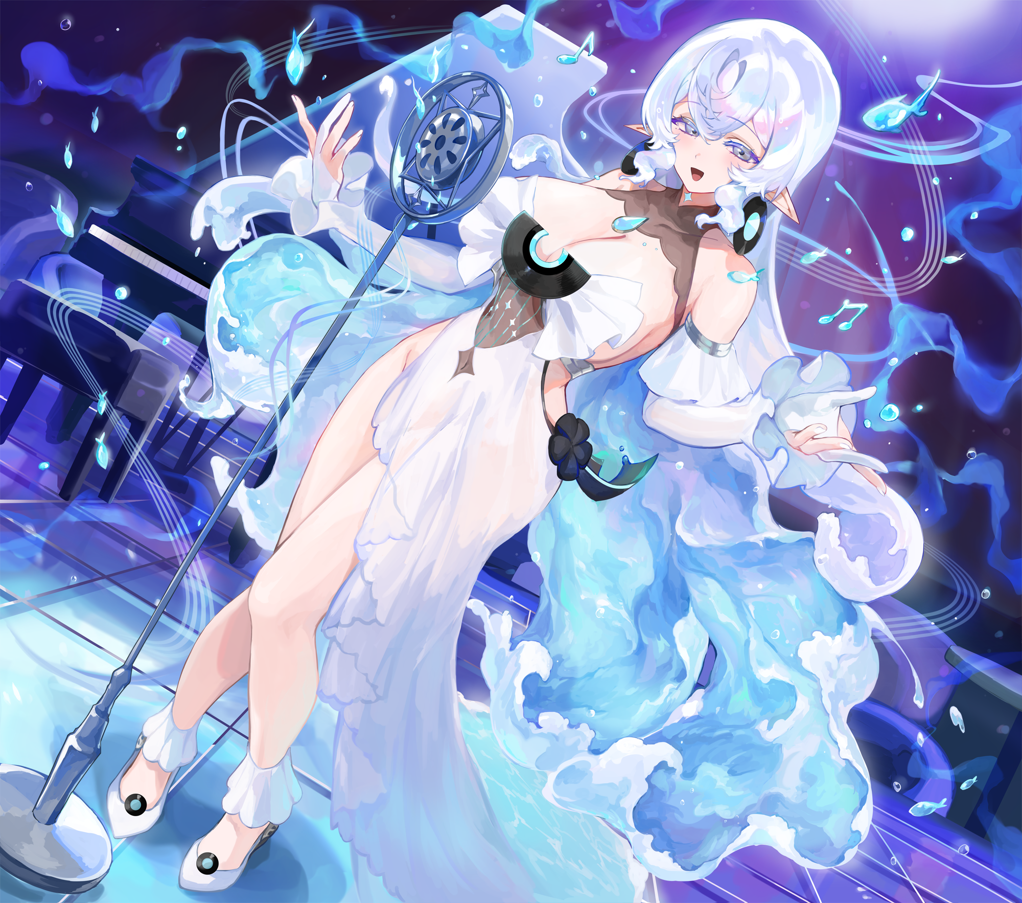 aoijigoku, original, highres, 1girl, blue hair, breasts, cleavage, clothing cutout, detached sleeves, dress, fish, full body, gloves, grand piano, high heels, hip vent, instrument, large breasts, liquid hair, long hair, microphone, microphone stand, music, musical note, open mouth, partially fingerless gloves, piano, pointy ears, see-through clothes, see-through dress, singing, smile, solo, sophia (cieluscian), standing, very long hair, vintage microphone, white dress, white hair, wide hips