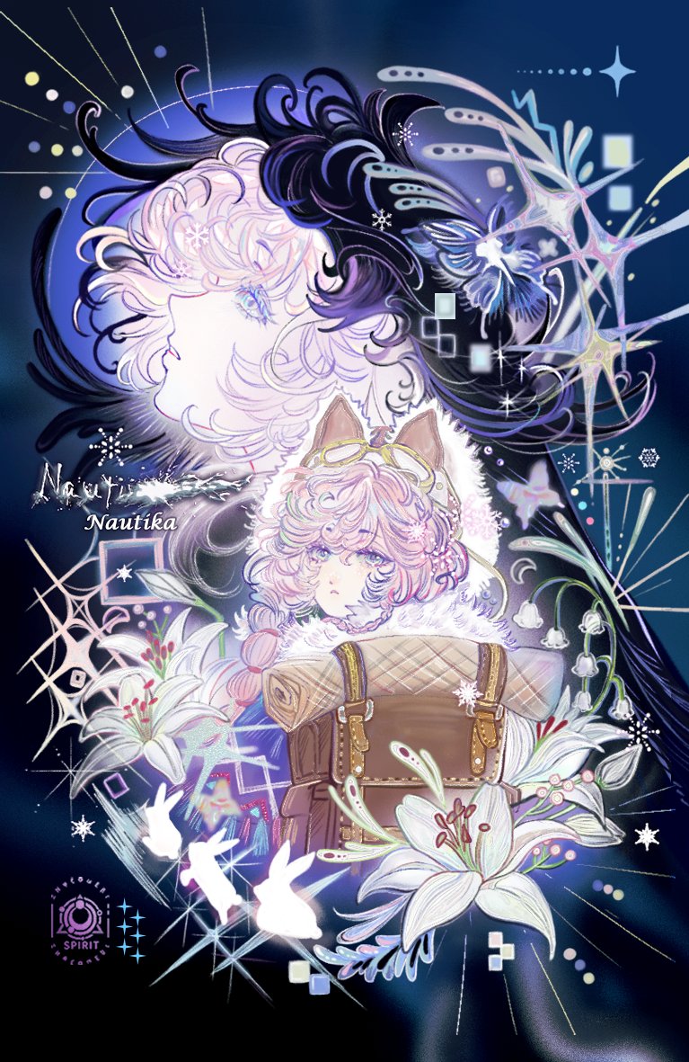 seiiichannnn, nautika (reverse:1999), reverse:1999, 1girl, backpack, bag, black veil, blue eyes, brown bag, brown hat, dark background, flower, goggles, goggles on headwear, hat, lily (flower), lily of the valley, long hair, looking up, multiple views, pink hair, profile, sparkle, trapper hat, upper body, veil, white flower
