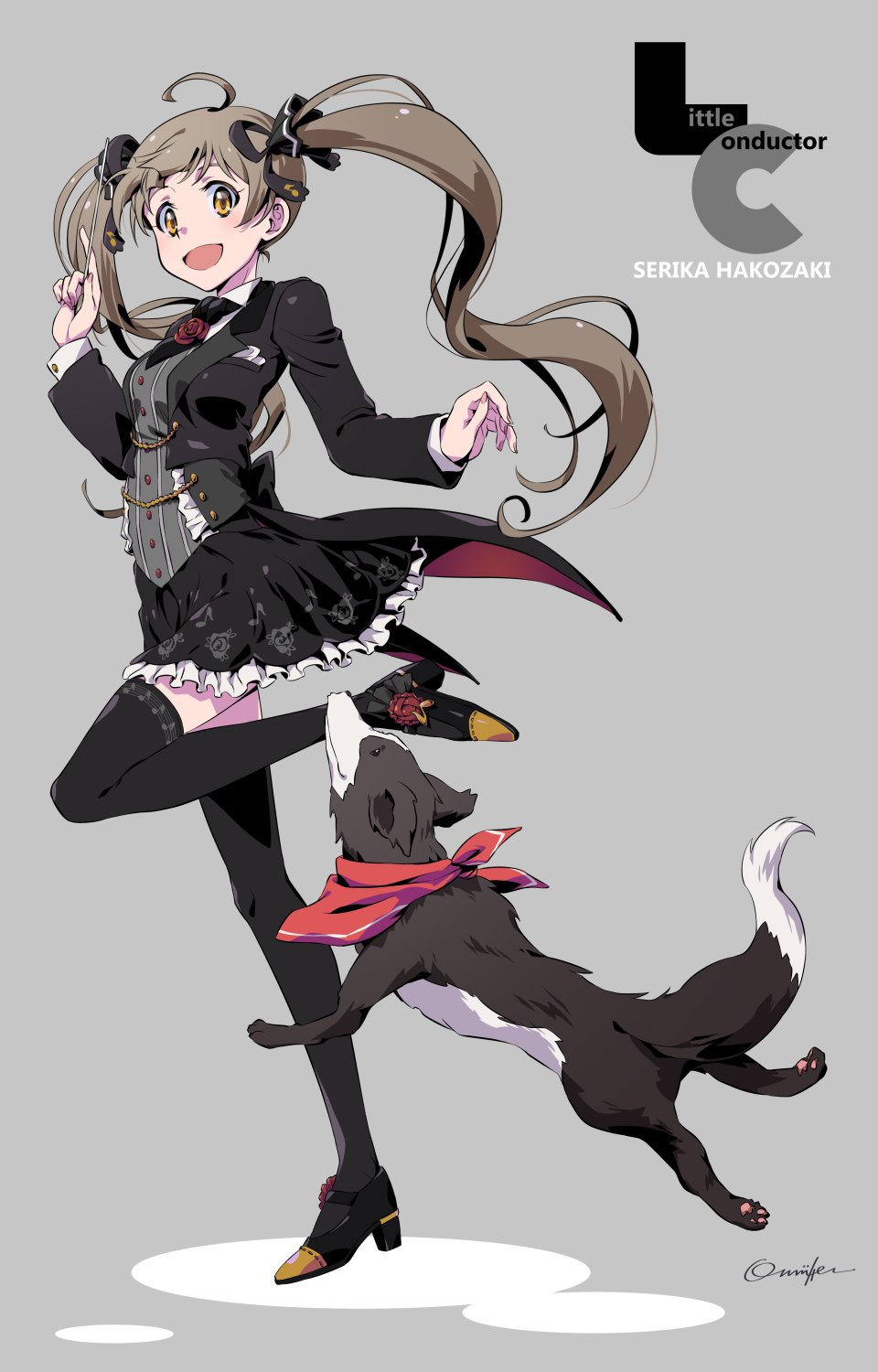 oomura karasu, hakozaki serika, junior (idolmaster), idolmaster, idolmaster million live!, idolmaster million live! theater days, commentary, highres, 1girl, :d, ahoge, artist name, ascot, bandana, bandana around neck, black ascot, black coat, black ribbon, black shoes, black skirt, black thighhighs, blush, border collie, breast pocket, breasts, brown hair, character name, coat, collared shirt, conductor baton, dog, fingernails, floating hair, flower, footwear flower, frills, from side, full body, grey background, grey vest, hair ribbon, hand up, high heels, holding, lapels, leg up, long hair, long sleeves, looking at viewer, looking to the side, miniskirt, musical note, musical note print, musical staff, musical staff print, notched lapels, official alternate costume, open clothes, open coat, open mouth, orange eyes, petticoat, pocket, pocket square, print ribbon, print skirt, print thighhighs, raised eyebrows, red bandana, red flower, red rose, ribbon, rose, shirt, shoes, sideways glance, signature, simple background, skirt, small breasts, smile, standing, standing on one leg, tailcoat, thighhighs, twintails, very long hair, vest, waistcoat, white shirt