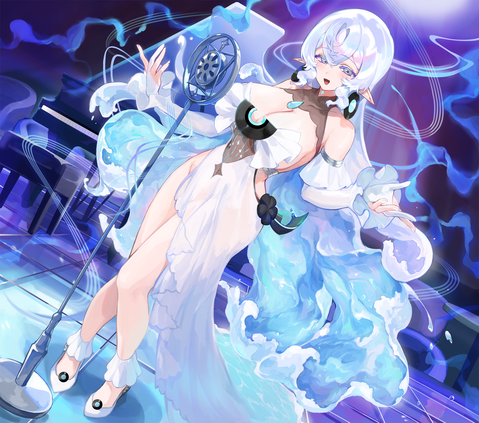 aoijigoku, original, highres, 1girl, blue hair, breasts, cleavage, clothing cutout, detached sleeves, dress, full body, gloves, grand piano, high heels, hip vent, instrument, large breasts, liquid hair, long hair, microphone, microphone stand, music, open mouth, partially fingerless gloves, piano, pointy ears, see-through clothes, see-through dress, singing, smile, solo, sophia (cieluscian), standing, very long hair, vintage microphone, white dress, white hair, wide hips