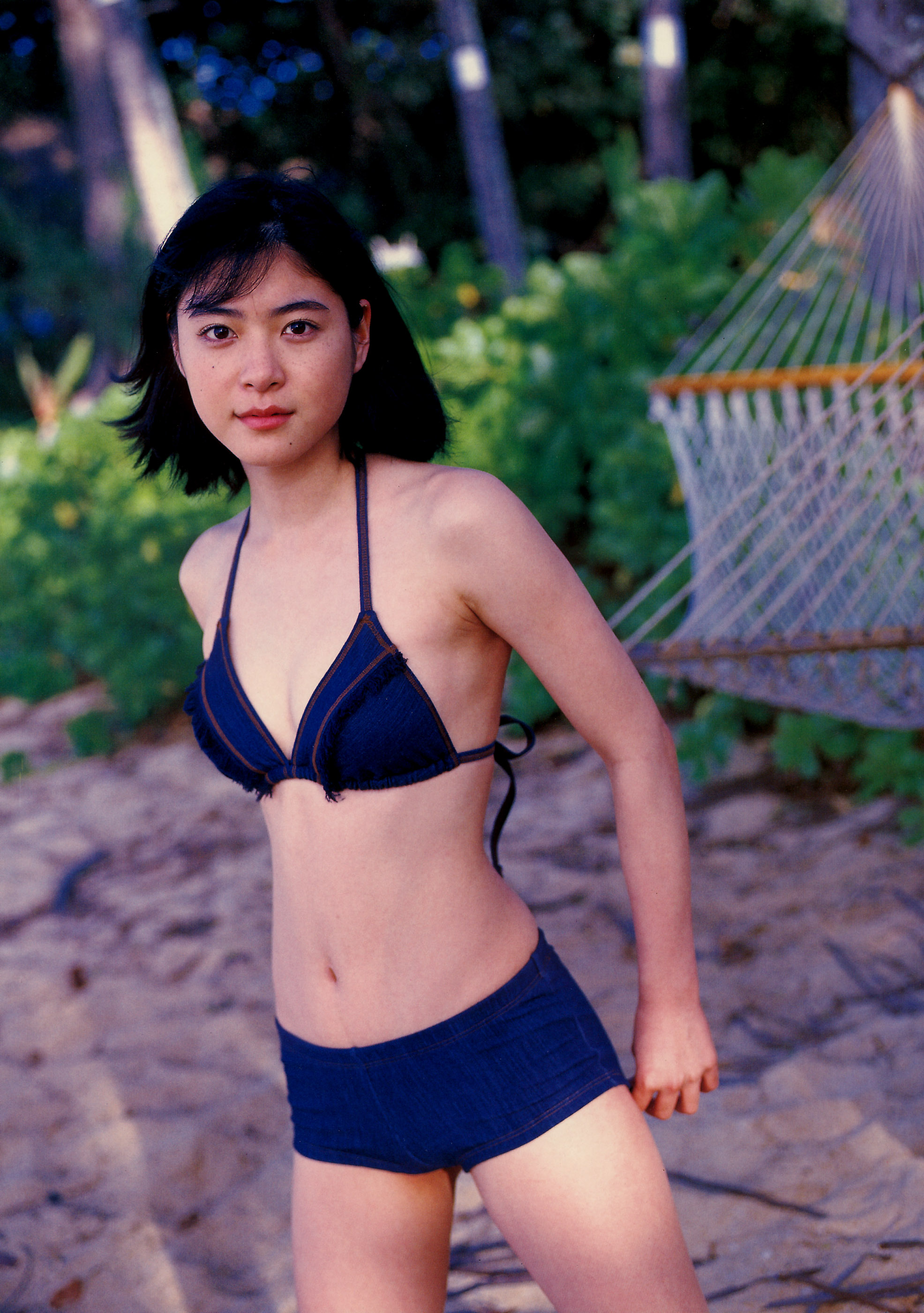 ueno juri, juri first, absurdres, highres, photo (medium), bikini, bikini top only, shorts, swimsuit