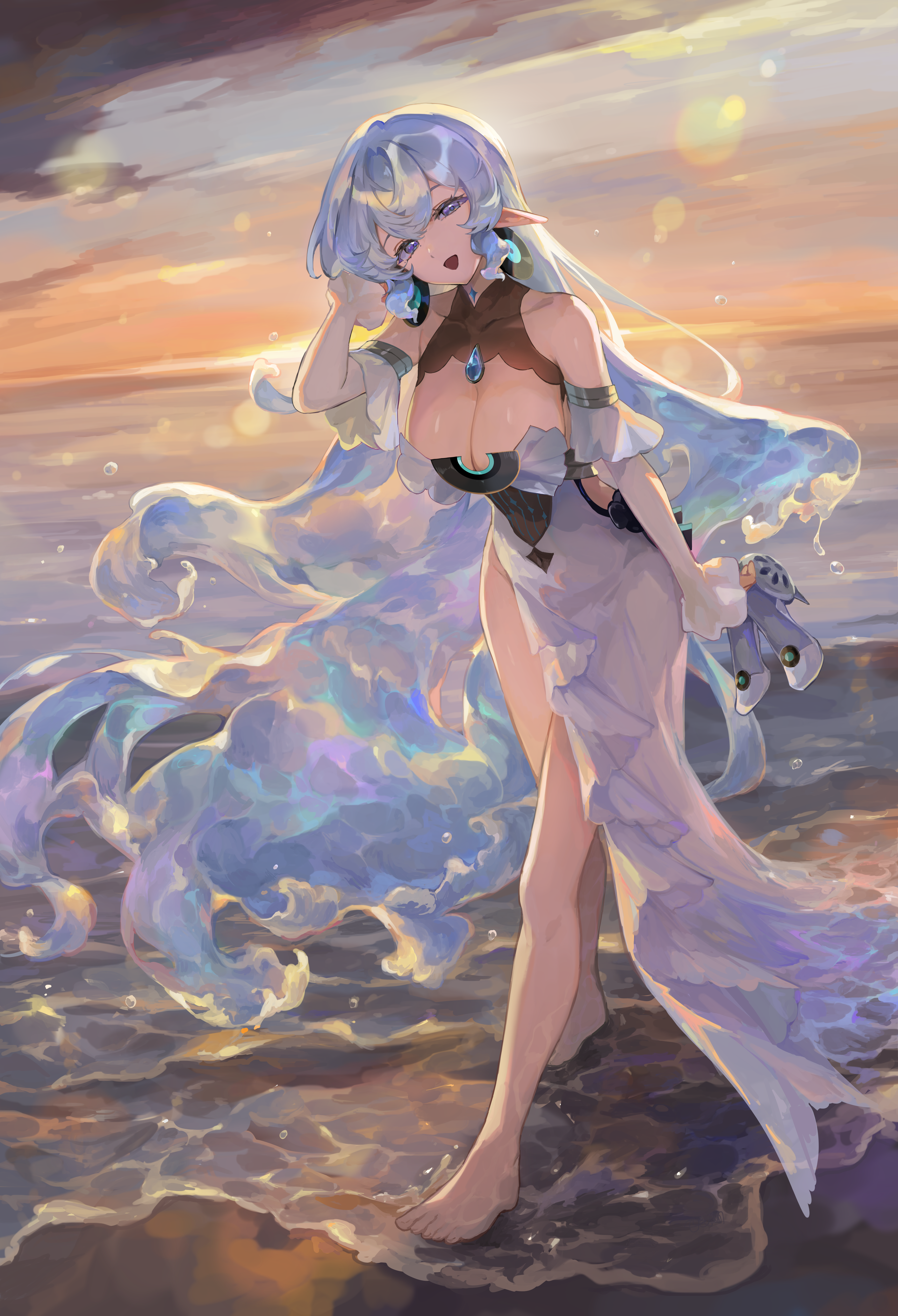aoijigoku, original, absurdres, commission, highres, 1girl, barefoot, breasts, cleavage, dress, earrings, evening, feet, hand in own hair, high heels, holding, holding shoes, holding unworn clothes, horizon, jewelry, large breasts, liquid hair, long hair, looking at viewer, ocean, open mouth, pointy ears, sand, see-through clothes, shoes, shore, smile, sophia (cieluscian), unworn shoes, white dress