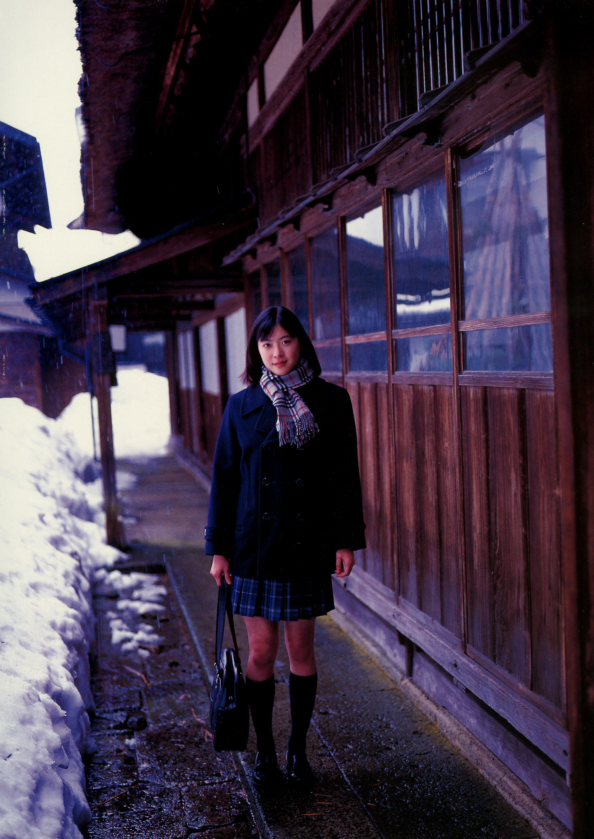 ueno juri, juri first, absurdres, highres, photo (medium), coat, cosplay, kneehighs, pleated skirt, scarf, school uniform, serafuku, skirt, snow, socks