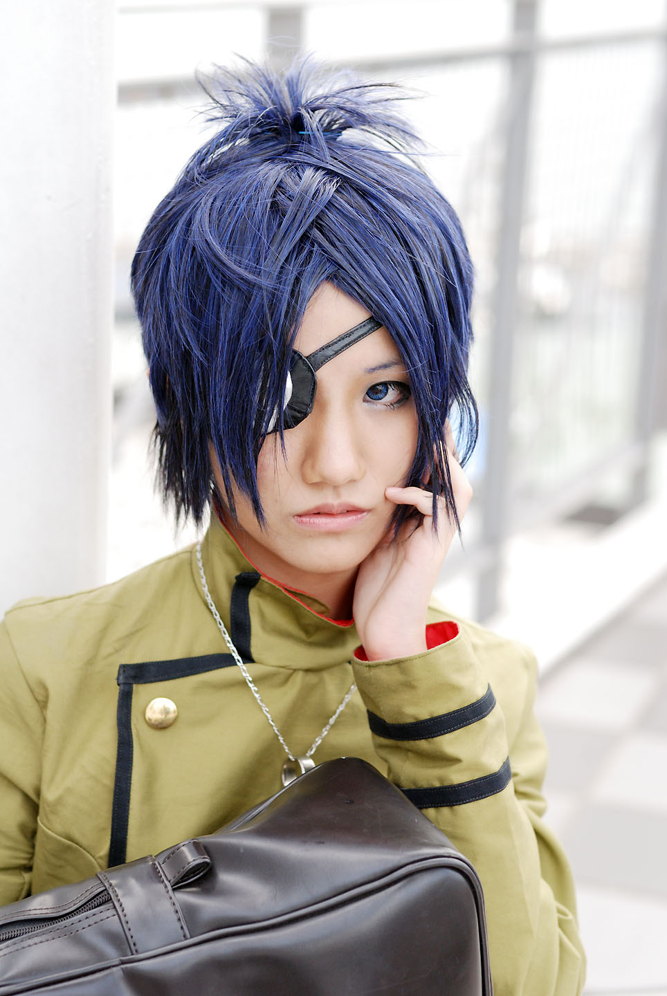 isumi (i-spixi), chrome dokuro, kateikyoushi hitman reborn, katekyo hitman reborn!, highres, photo (medium), 1girl, blue eyes, blue hair, cosplay, eyepatch, female focus, jewelry, matching hair/eyes, necklace, solo