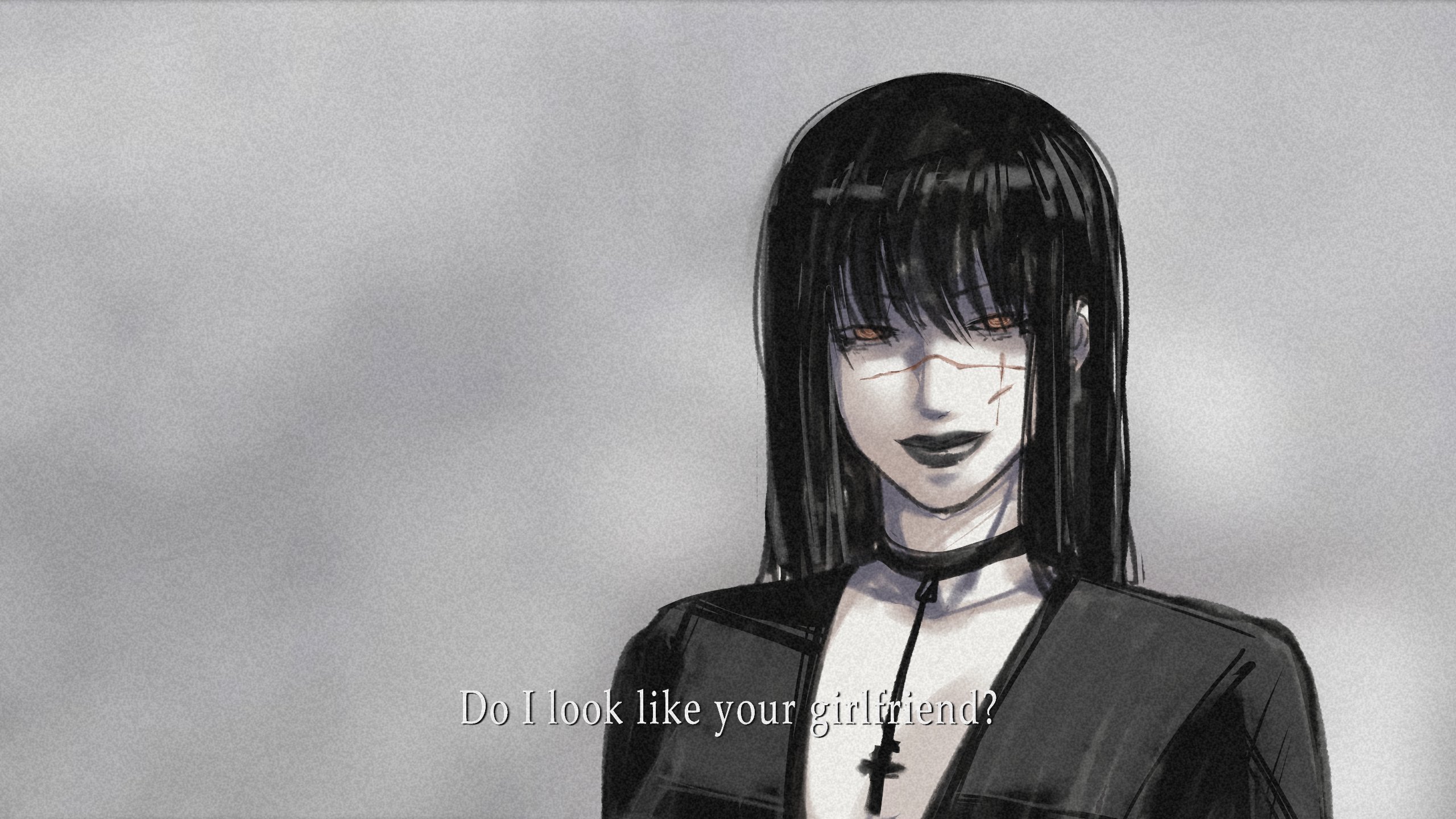 yoru (chainsaw man), chainsaw man, silent hill (series), silent hill 2, highres, 1girl, black choker, black hair, black lips, black shirt, choker, closed mouth, english text, facial scar, grey background, long hair, scar, scar on cheek, scar on face, scar on nose, shirt, skinny argonian, smile, solo, yellow eyes