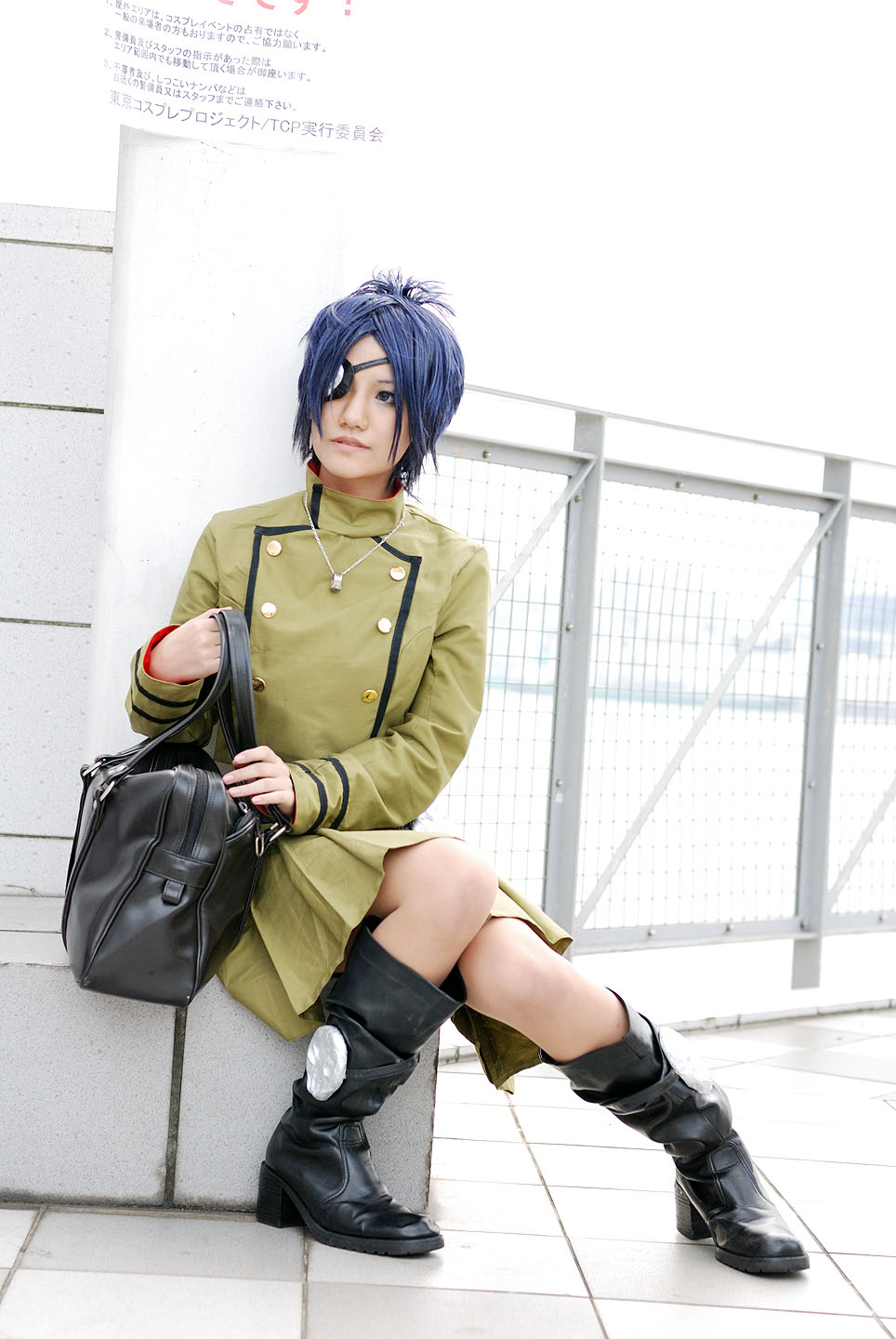 isumi (i-spixi), chrome dokuro, katekyo hitman reborn!, highres, photo (medium), 1girl, blue hair, boots, cosplay, eyepatch, female focus, full body, outdoors, pleated skirt, skirt, solo