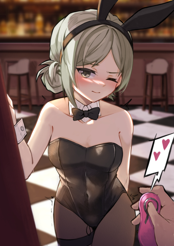 yona (illusty0na), vertin (reverse:1999), reverse:1999, 1girl, 1other, ;), alternate costume, animal ears, bar (place), bar stool, black bow, black bowtie, black leotard, blurry, blurry background, blush, bow, bowtie, breasts, checkered floor, closed mouth, controller, counter, detached collar, fake animal ears, grey eyes, grey hair, hair bun, hand up, heart, holding, holding remote control, implied vibrator, indoors, leotard, medium breasts, one eye closed, pantyhose, playboy bunny, pov, pov hands, rabbit ears, remote control, remote control vibrator, sex toy, short hair, single side bun, smile, speech bubble, spoken heart, stool, strapless, strapless leotard, traditional bowtie, vibrator, white wrist cuffs, wrist cuffs