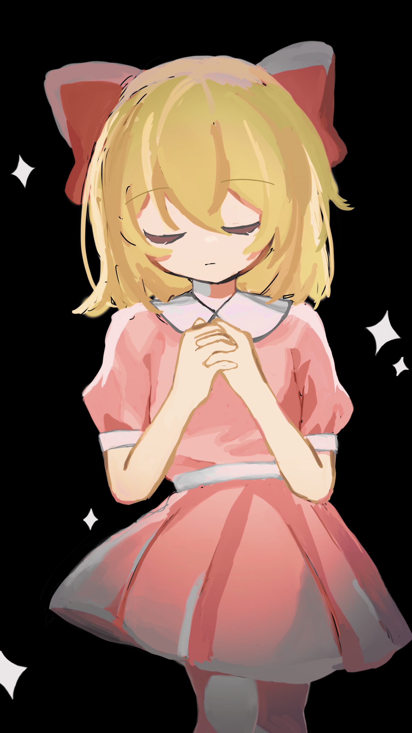 paula (mother 2), mother (series), mother 2, nintendo, absurdres, highres, 1girl, blonde hair, blush, bow, dress, hair between eyes, hair bow, pink dress, red bow, ribbon, sash, short hair, solo, user uemr8557