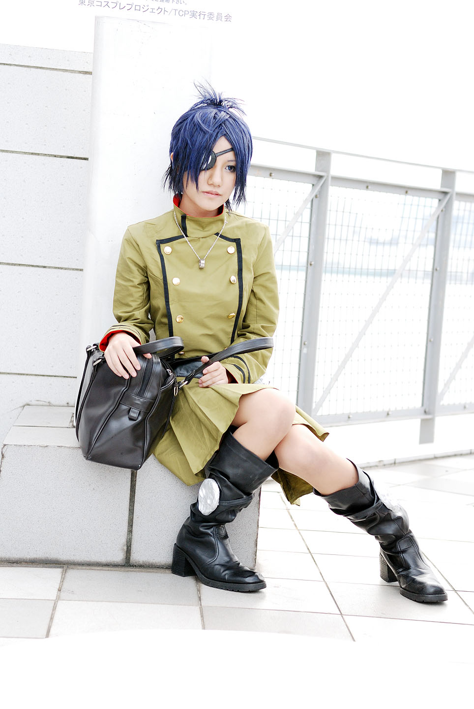 isumi (i-spixi), chrome dokuro, katekyo hitman reborn!, highres, photo (medium), 1girl, blue hair, boots, cosplay, eyepatch, female focus, outdoors, pleated skirt, skirt, solo
