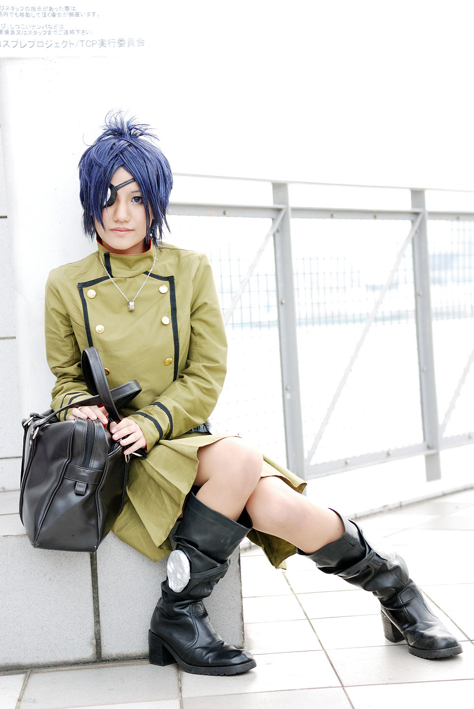 isumi (i-spixi), chrome dokuro, katekyo hitman reborn!, highres, photo (medium), 1girl, blue hair, boots, cosplay, eyepatch, female focus, full body, pleated skirt, skirt, solo