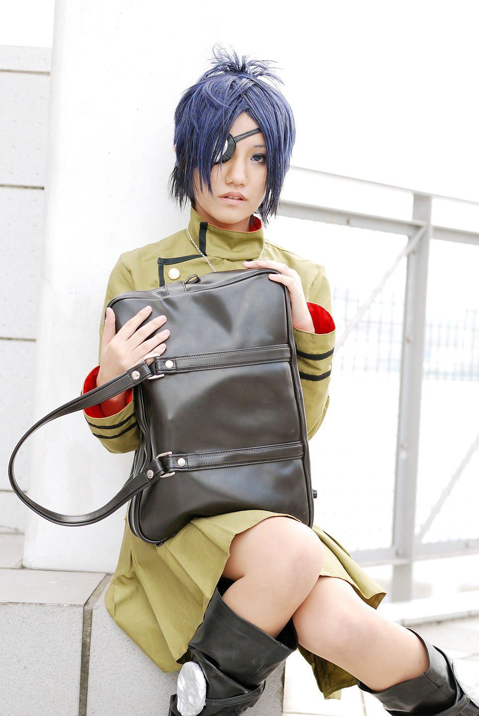isumi (i-spixi), chrome dokuro, katekyo hitman reborn!, highres, photo (medium), 1girl, blue hair, boots, cosplay, eyepatch, female focus, pleated skirt, skirt, solo