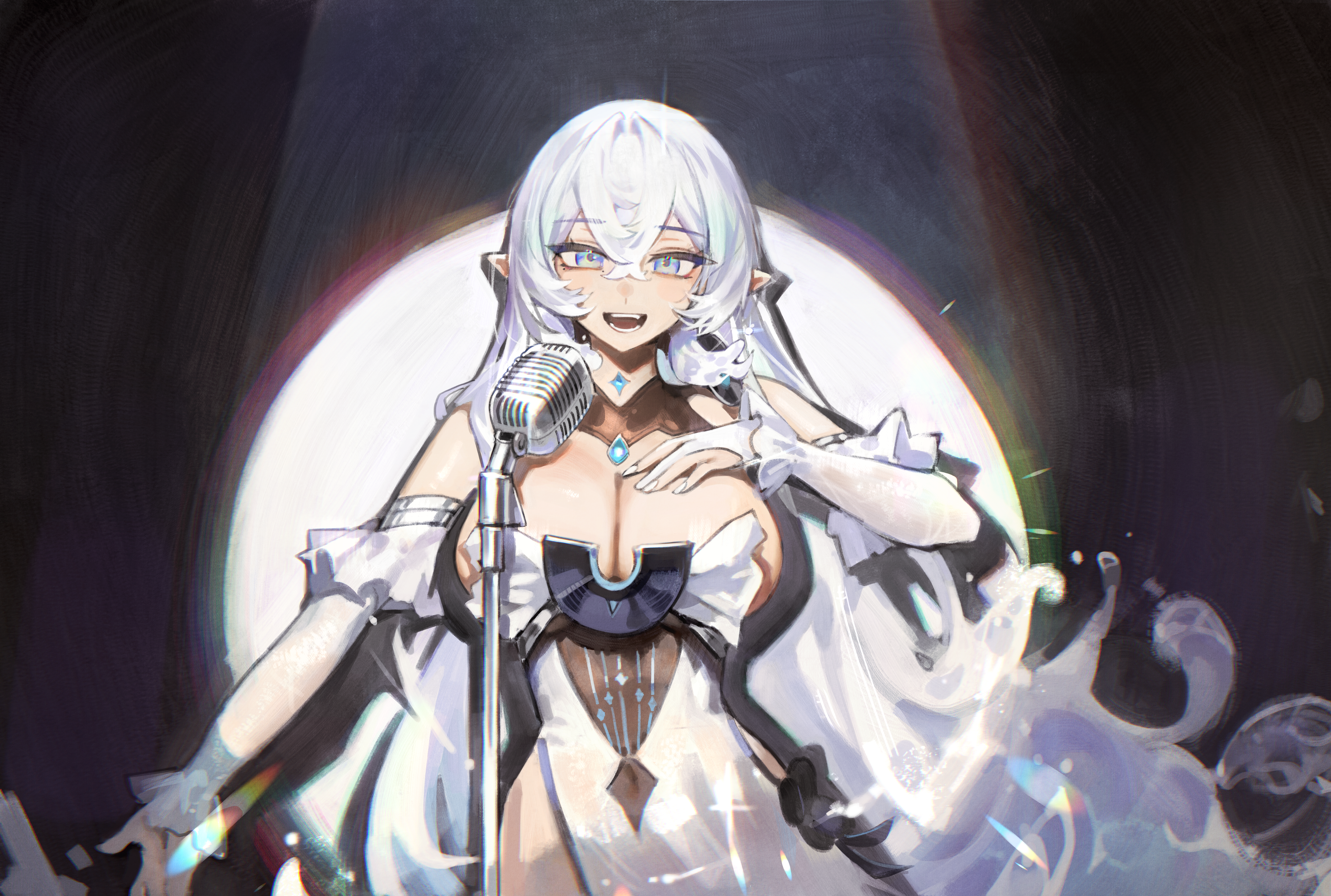 lucadark art, original, absurdres, commission, highres, non-web source, 1girl, blue eyes, breasts, clothing cutout, dress, gloves, hip vent, jewelry, large breasts, liquid hair, long hair, looking at viewer, microphone, microphone stand, music, nail polish, navel, open mouth, partially fingerless gloves, singing, smile, solo, sophia (cieluscian), spotlight, teeth, vintage microphone, white dress, white hair, white nails