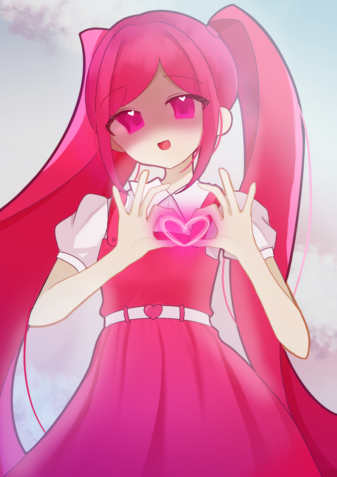 perfectheart (omori), omori, highres, 1girl, blush, dress, heart, long hair, looking at viewer, open mouth, pink dress, pink eyes, pink hair, puffy short sleeves, puffy sleeves, shirt, short sleeves, smile, solo, twintails, user uemr8557, white shirt