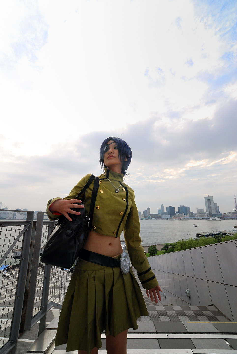 isumi (i-spixi), chrome dokuro, katekyo hitman reborn!, highres, photo (medium), 1girl, blue hair, cosplay, eyepatch, female focus, midriff, outdoors, pleated skirt, skirt, sky, solo