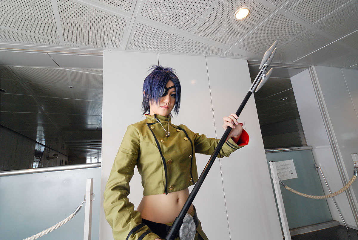 isumi (i-spixi), chrome dokuro, katekyo hitman reborn!, photo (medium), 1girl, blue hair, cosplay, eyepatch, female focus, pleated skirt, polearm, skirt, solo, spear, trident, weapon