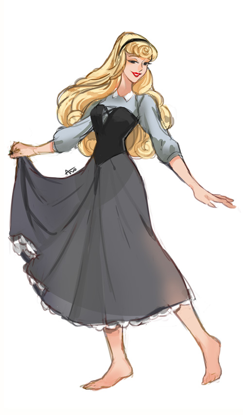 ano (sbee), aurora (disney), sleeping beauty (disney), 1girl, animification, barefoot, blonde hair, brown eyes, dress, full body, hairband, lips, long hair, long sleeves, makeup, simple background, smile, solo, white background