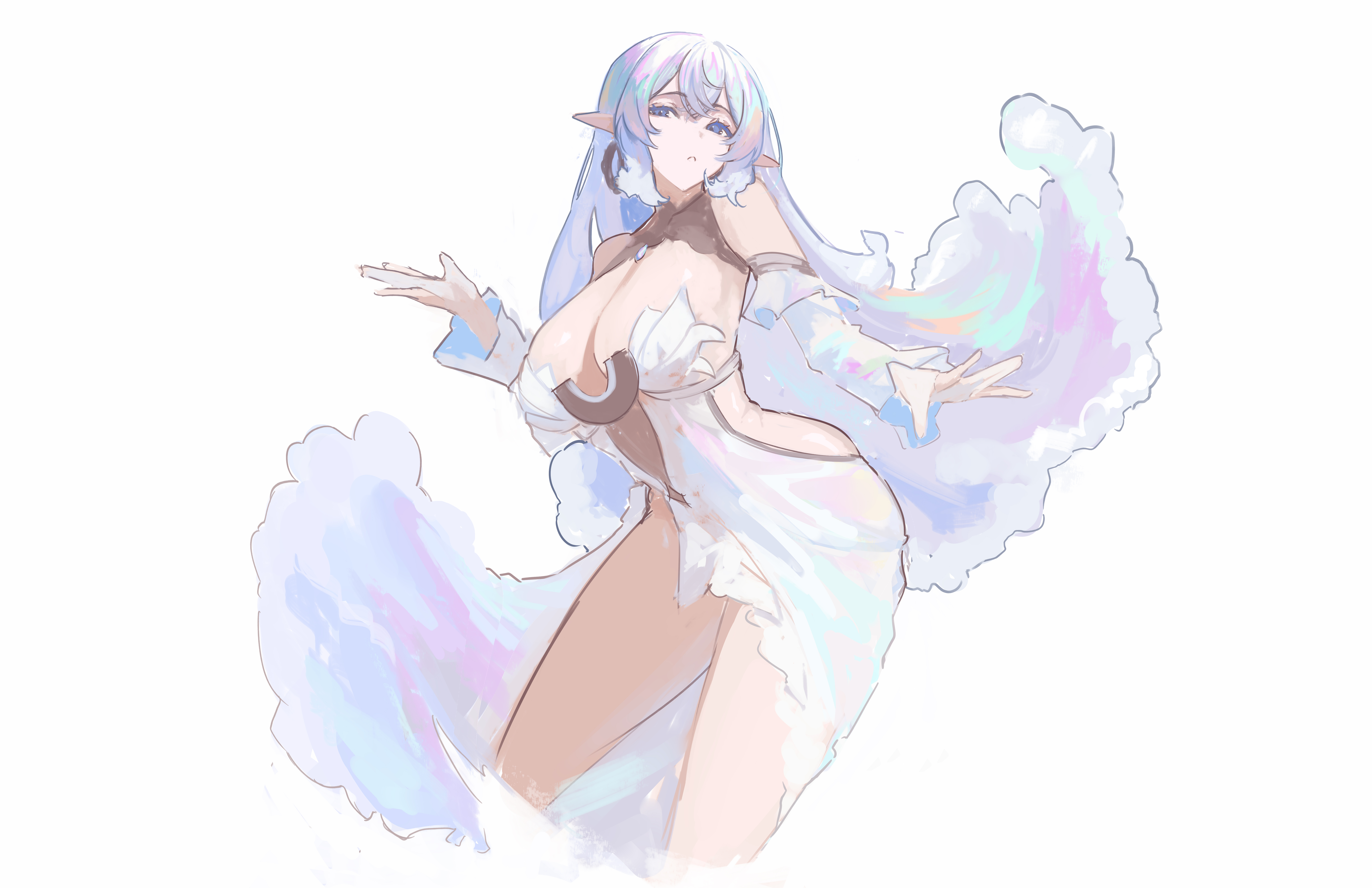naokomama, original, absurdres, highres, non-web source, 1girl, breasts, clothing cutout, detached sleeves, dress, earrings, hip vent, iridescent hair, jewelry, large breasts, liquid hair, long hair, parted lips, pointy ears, solo, sophia (cieluscian), white dress