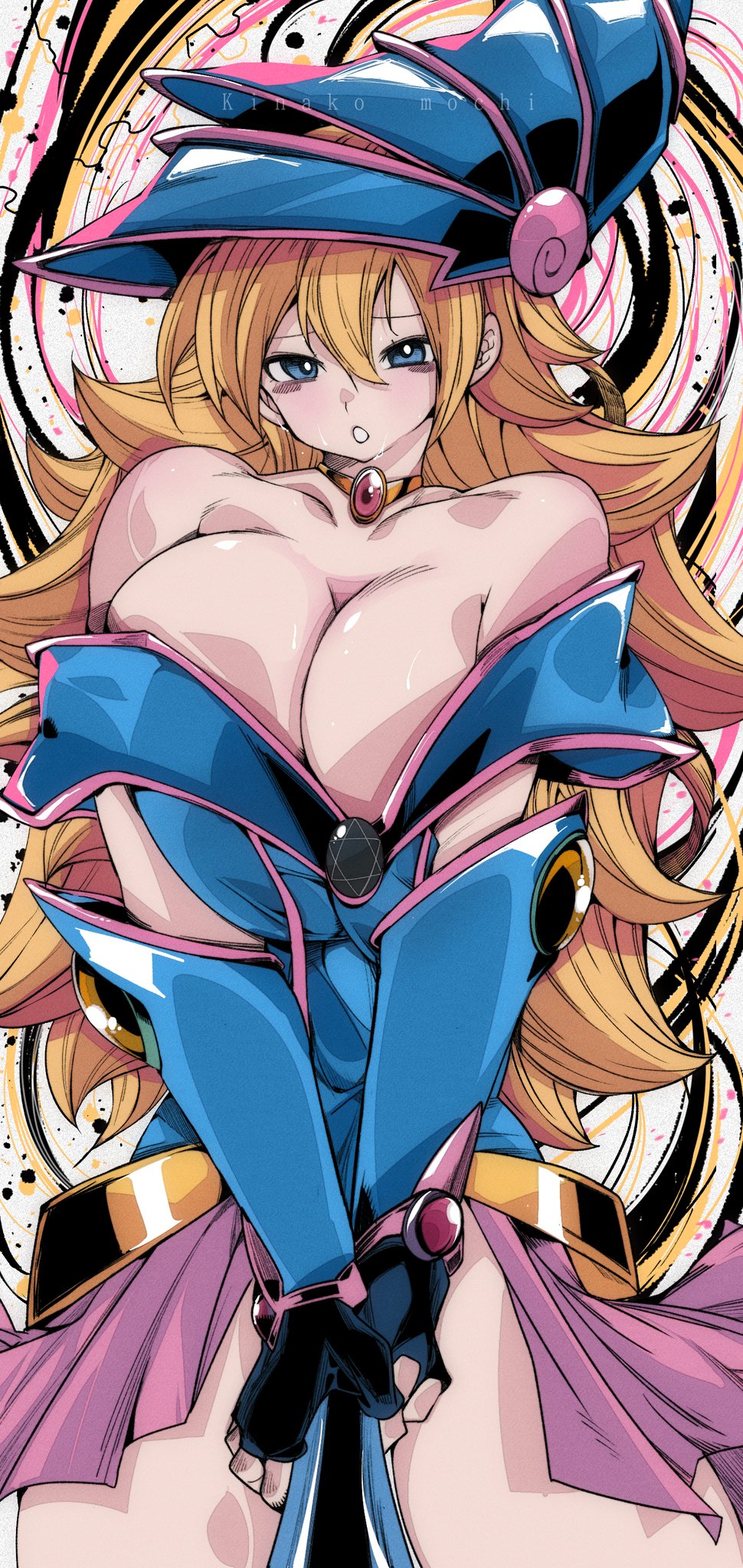 kinakomochi (user vedc2333), dark magician girl, yu-gi-oh!, 1girl, bare shoulders, blonde hair, blue eyes, blush, breasts, breasts squeezed together, cleavage, collarbone, fingerless gloves, gauntlets, gloves, hair between eyes, hat, huge breasts, jewelry, long hair, looking at viewer, necklace, pink skirt, skirt, thighs, very long hair
