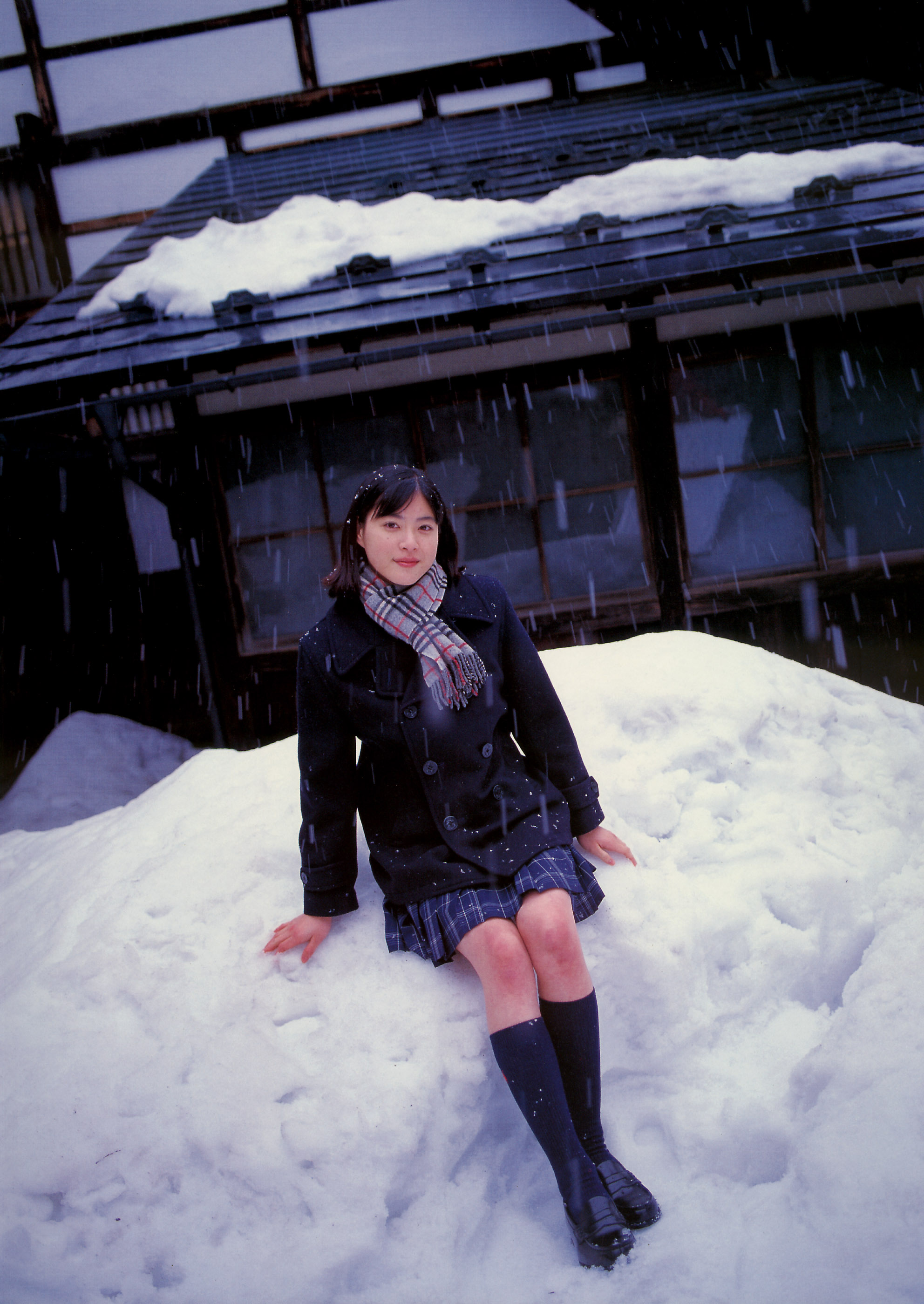 ueno juri, juri first, absurdres, highres, photo (medium), coat, cosplay, pleated skirt, scarf, school uniform, serafuku, skirt, snow