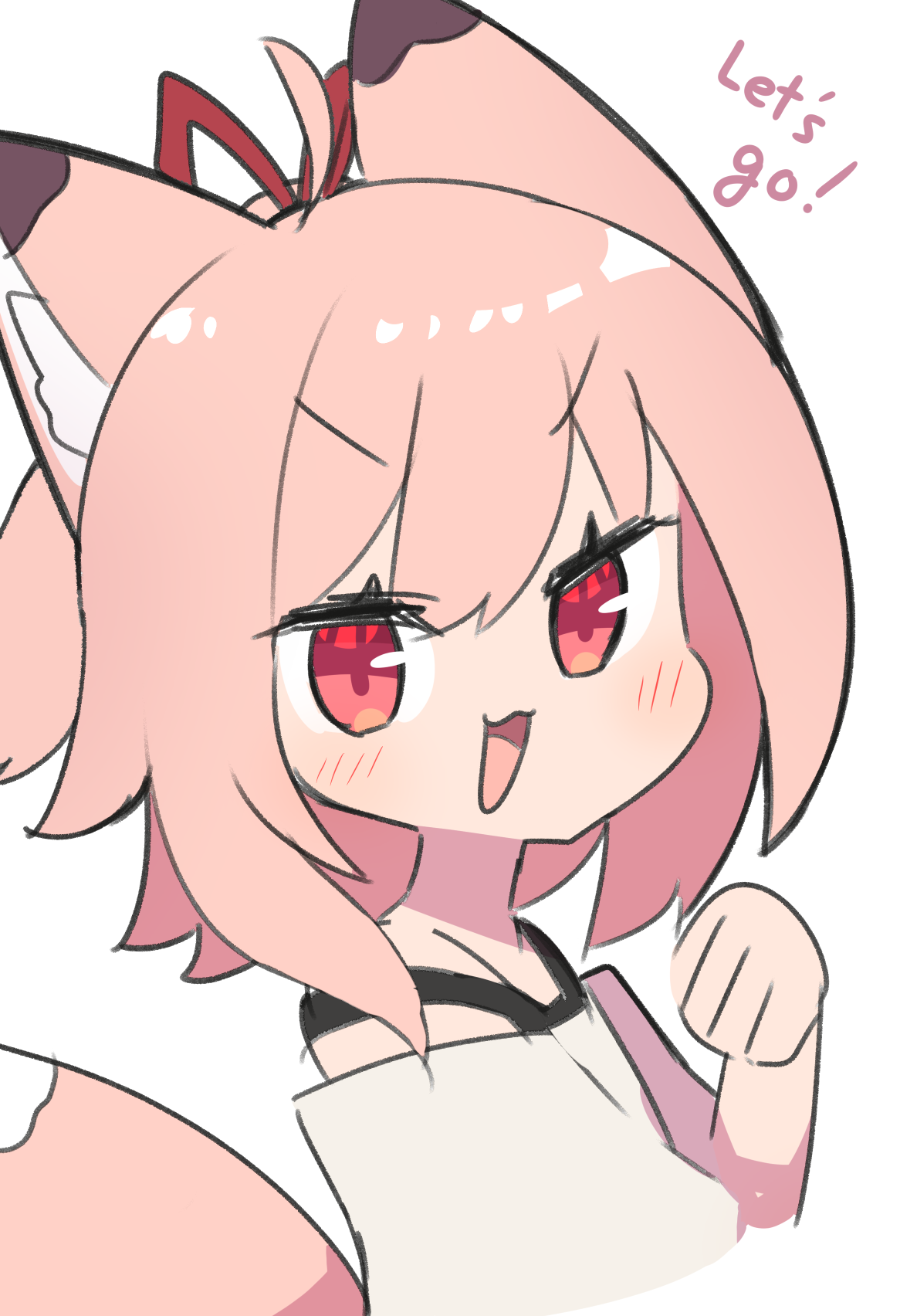 saisoku no yukkuri, original, commentary request, highres, 1girl, ahoge, animal ear fluff, animal ears, bare shoulders, blush, fox ears, fox girl, fox tail, from side, grey shirt, hair between eyes, hair ribbon, hand up, looking at viewer, looking to the side, off-shoulder shirt, off shoulder, pink hair, red eyes, red ribbon, ribbon, shirt, simple background, solo, tail, v-shaped eyebrows, white background