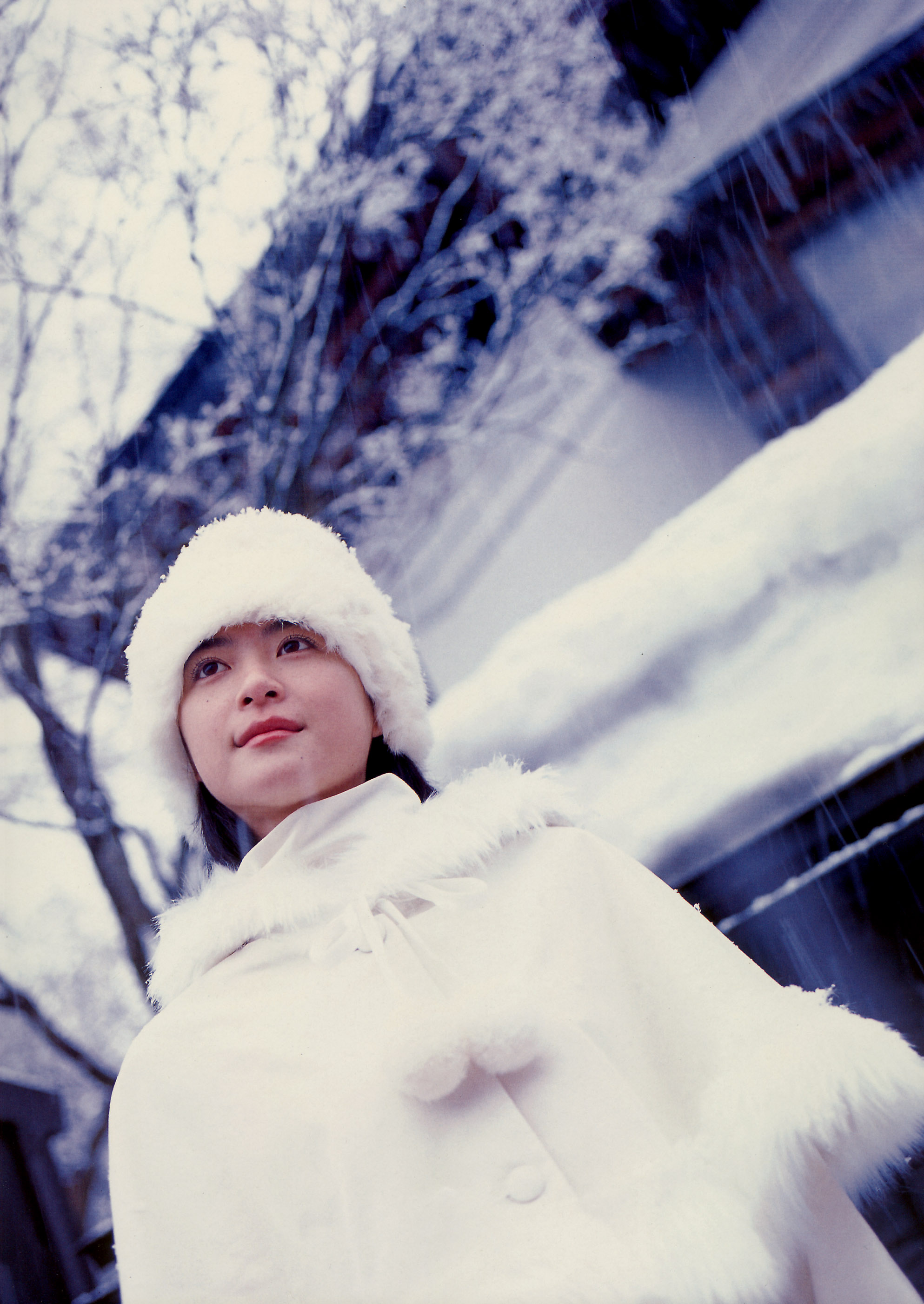 ueno juri, juri first, absurdres, highres, photo (medium), fur hat, hat, shawl, snow, turtleneck