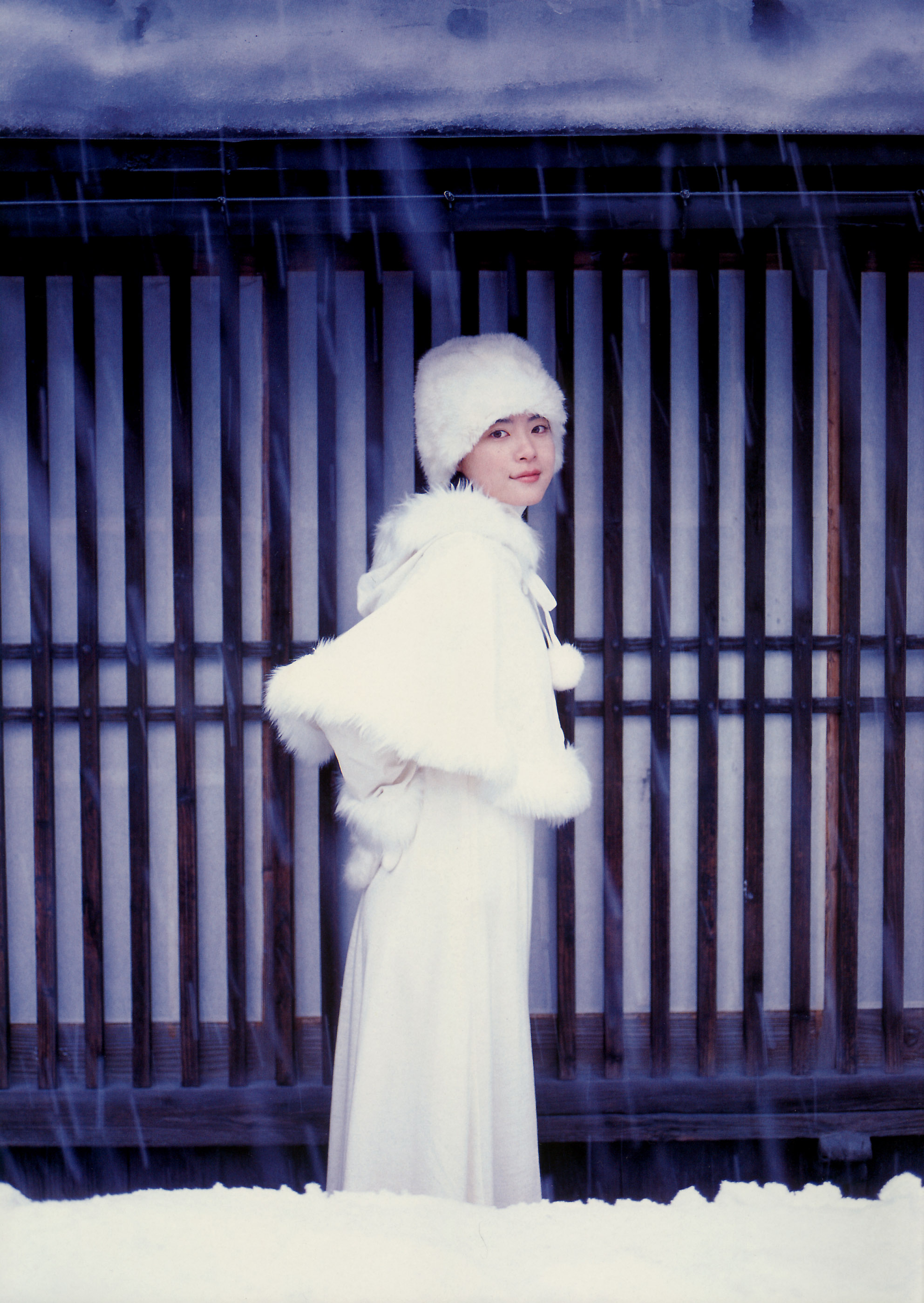 ueno juri, juri first, absurdres, highres, photo (medium), fur hat, hat, long skirt, shawl, skirt, snow, turtleneck