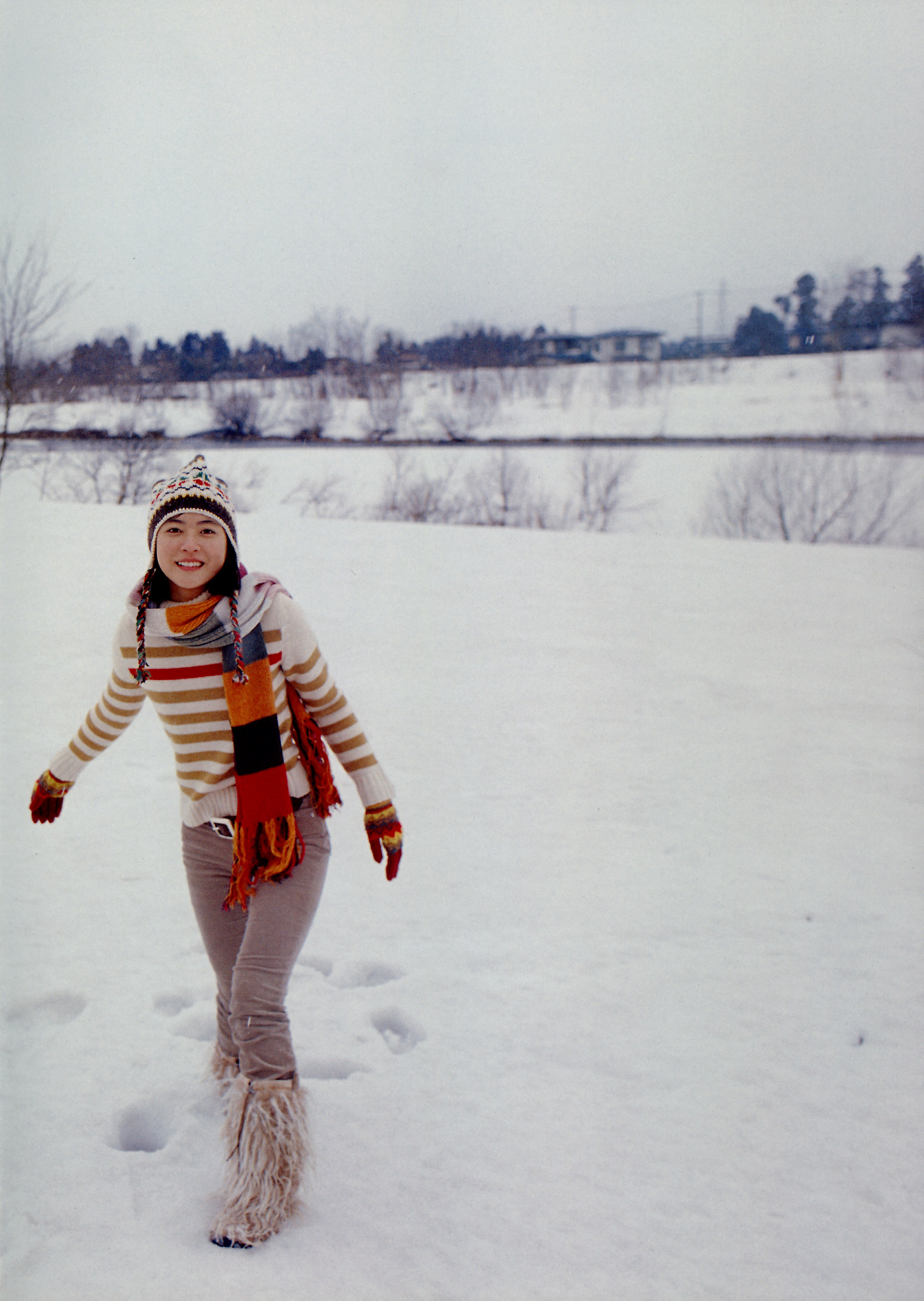 ueno juri, juri first, absurdres, highres, photo (medium), boots, denim, fur boots, gloves, jeans, knit hat, pants, scarf, snow, sweater
