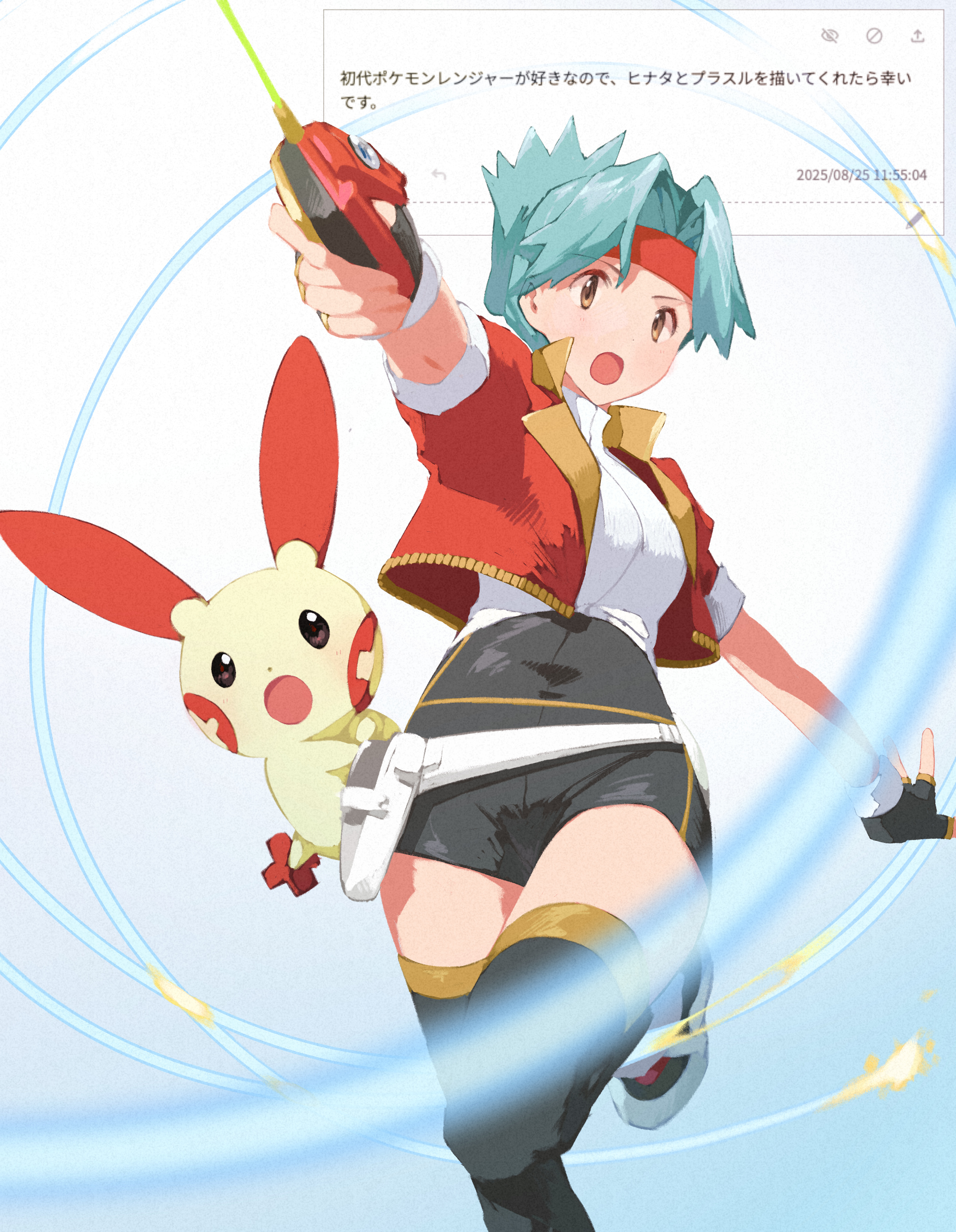 fuyuki eru, plusle, solana (pokemon), nintendo, pokemon, pokemon ranger (series), pokemon ranger 1, absurdres, highres, 1girl, :o, black shorts, black thighhighs, blue hair, cropped jacket, gen 3 pokemon, headband, jacket, leg up, looking at viewer, open clothes, open jacket, open mouth, pokemon (creature), red headband, red jacket, request inset, shirt, short sleeves, shorts, standing, standing on one leg, thighhighs, white shirt