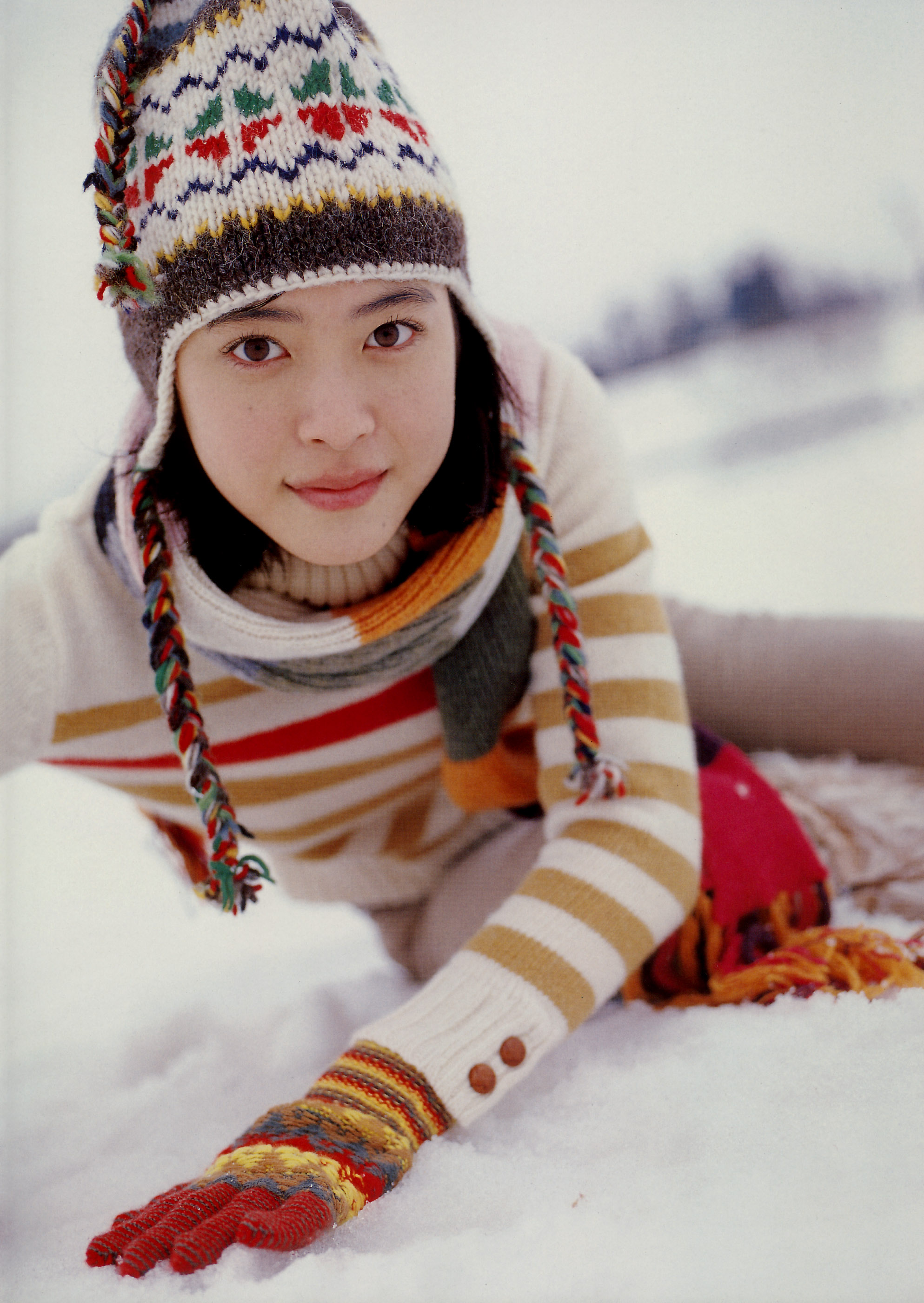 ueno juri, juri first, absurdres, highres, photo (medium), denim, gloves, jeans, knit hat, pants, scarf, snow, sweater