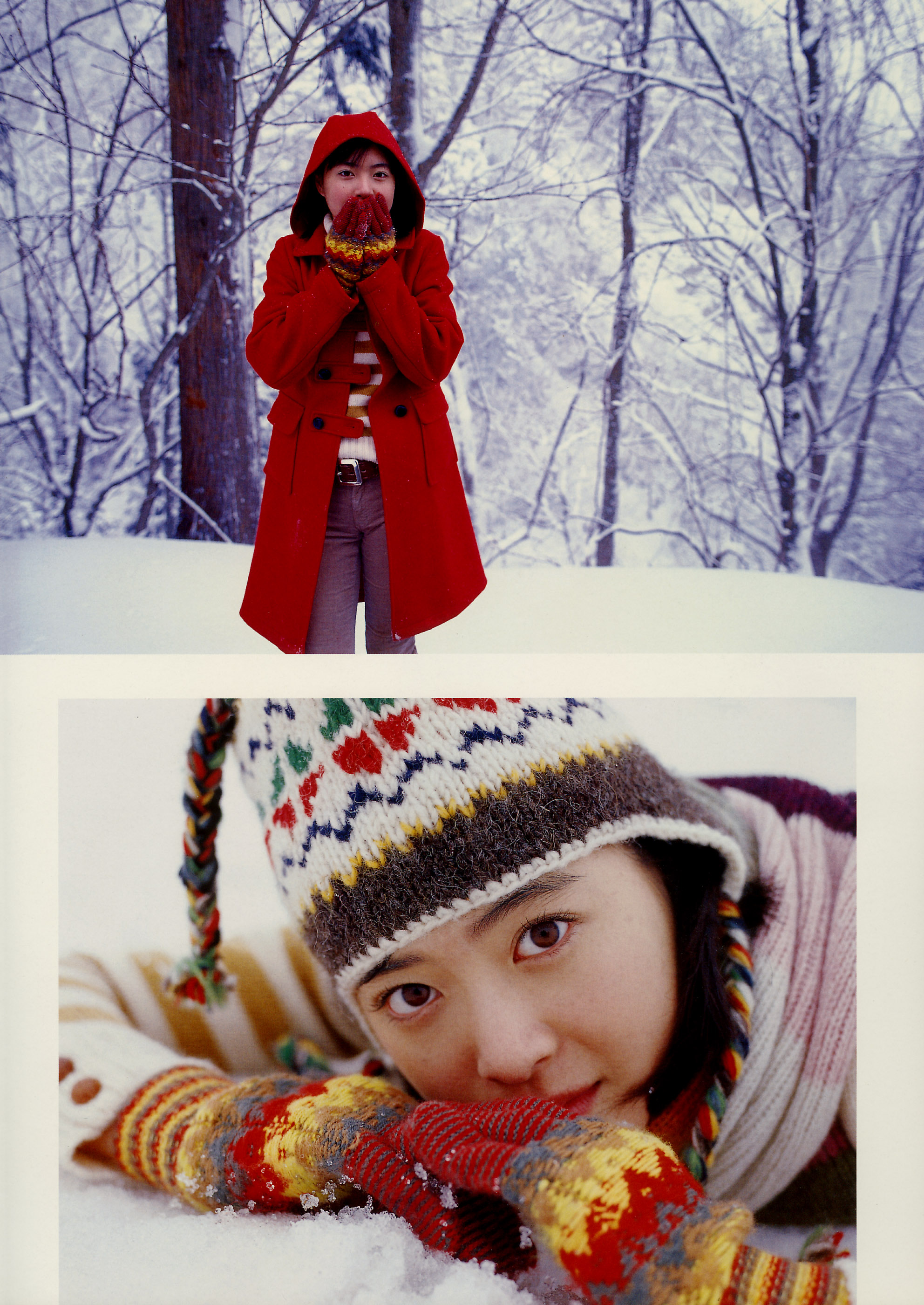 ueno juri, juri first, absurdres, highres, photo (medium), coat, denim, gloves, jeans, knit hat, overcoat, pants, scarf, snow, sweater