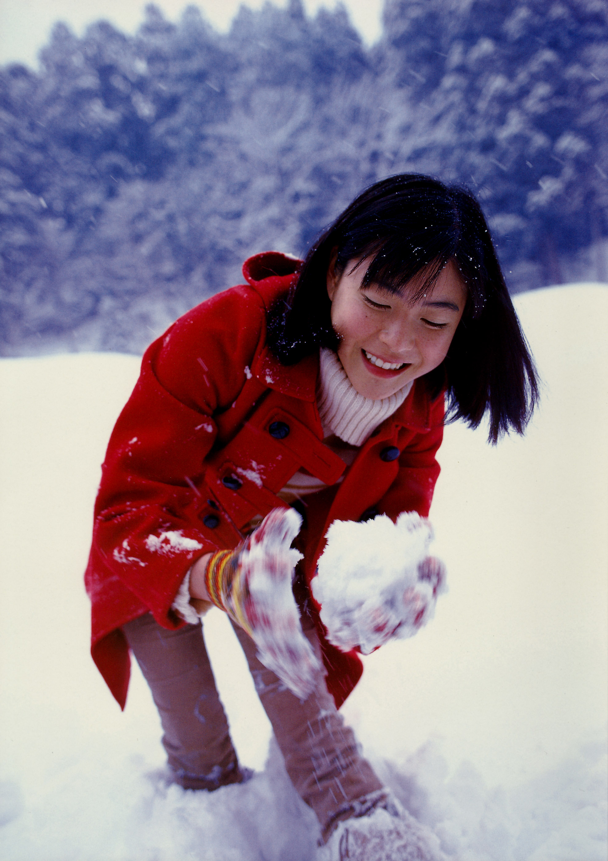 ueno juri, juri first, absurdres, highres, photo (medium), boots, coat, denim, fur boots, gloves, jeans, overcoat, pants, snow, snowball, sweater