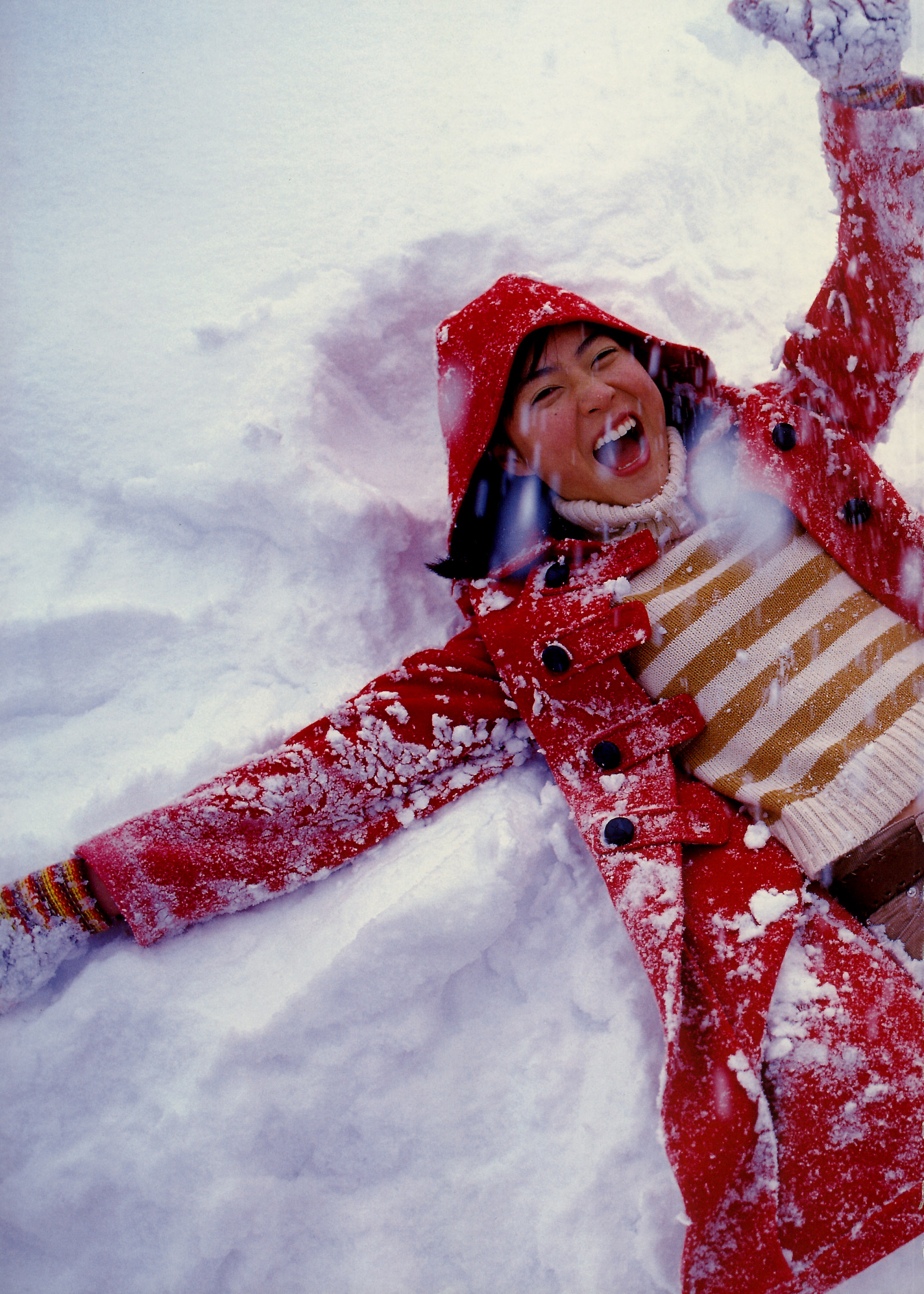 ueno juri, juri first, absurdres, highres, photo (medium), coat, denim, gloves, jeans, overcoat, pants, snow, snow angel, snowball, sweater