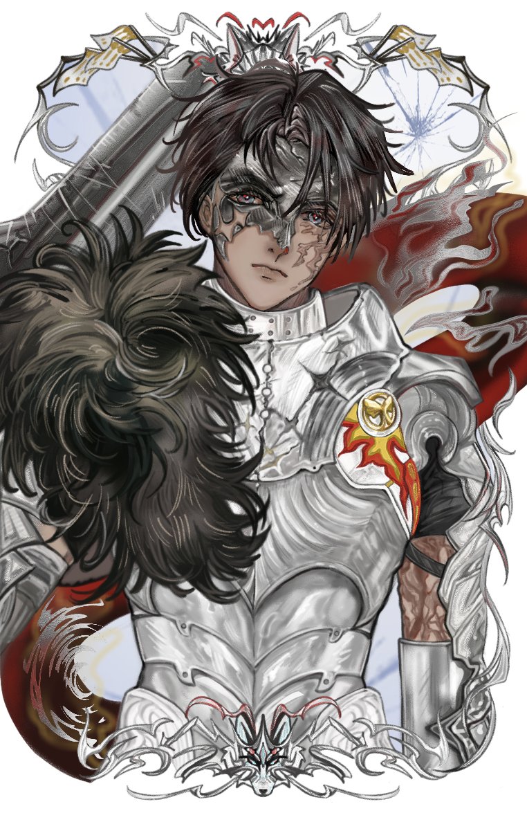 seiiichannnn, j (reverse:1999), reverse:1999, 1boy, armor, black hair, blue eyes, breastplate, burn scar, cape, eye mask, fur-trimmed cape, fur trim, grey mask, looking at viewer, male focus, official alternate costume, red cape, scar, scar on face, short hair, solo, upper body, white background