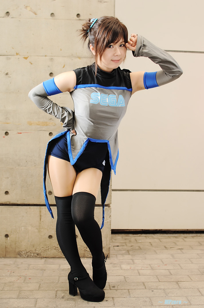 mozuku (model), sega, character request, photo (medium), source request, cosplay, detached sleeves, one-piece swimsuit, school swimsuit, swimsuit, thighhighs