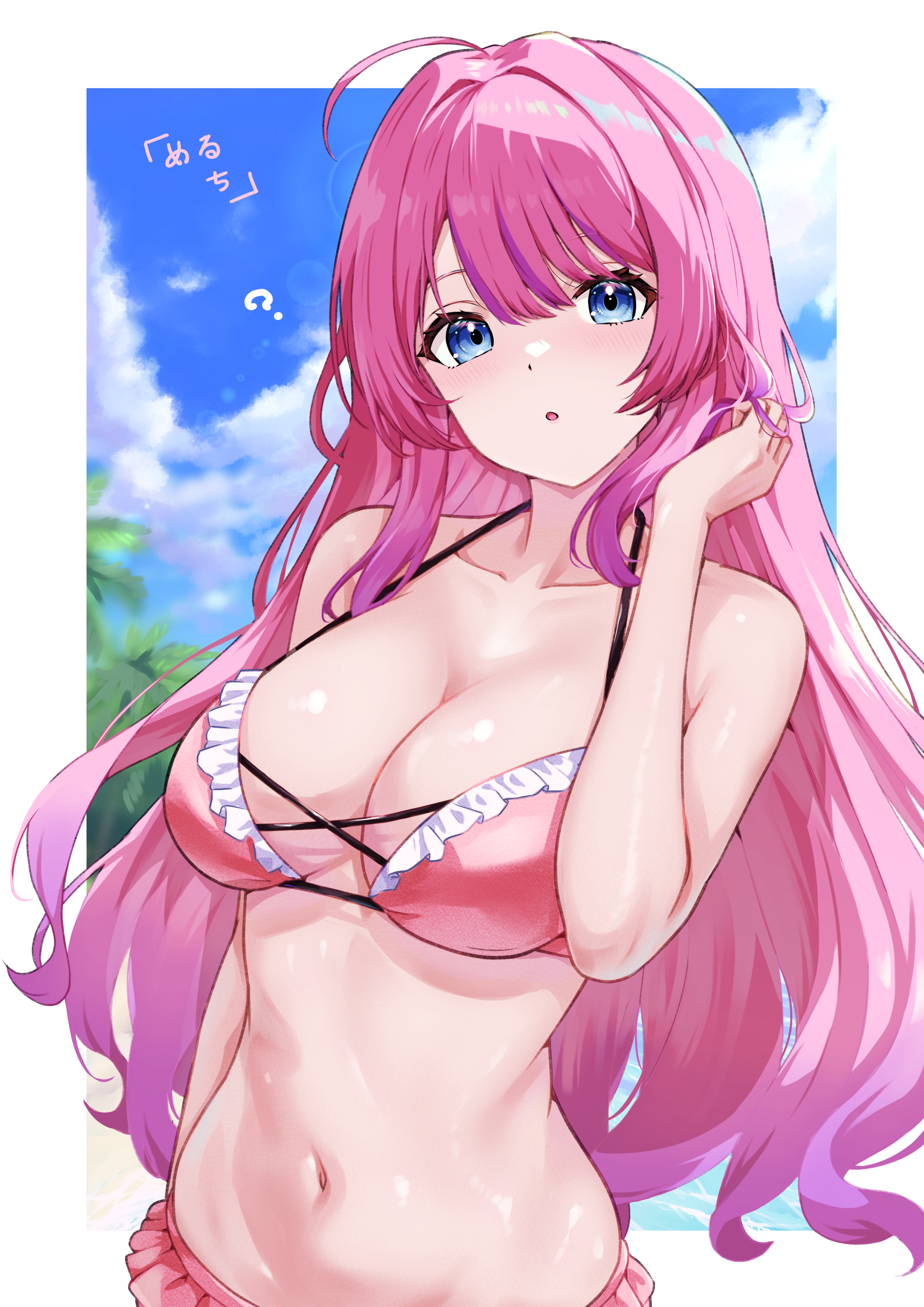 cagasyo, kuramochi meruto, nijisanji, absurdres, commentary request, highres, 1girl, :o, ?, ahoge, arm behind back, bare shoulders, beach, bikini, blue eyes, blue sky, blush, border, breasts, cleavage, cloud, collarbone, criss-cross strings, day, frilled bikini, frills, gradient hair, hair between eyes, halterneck, hand in own hair, hand up, inset border, large breasts, lens flare, looking ahead, multicolored hair, navel, ocean, outdoors, palm tree, parted lips, pink bikini, pink hair, purple hair, sky, solo, stomach, swimsuit, tree, virtual youtuber, white border