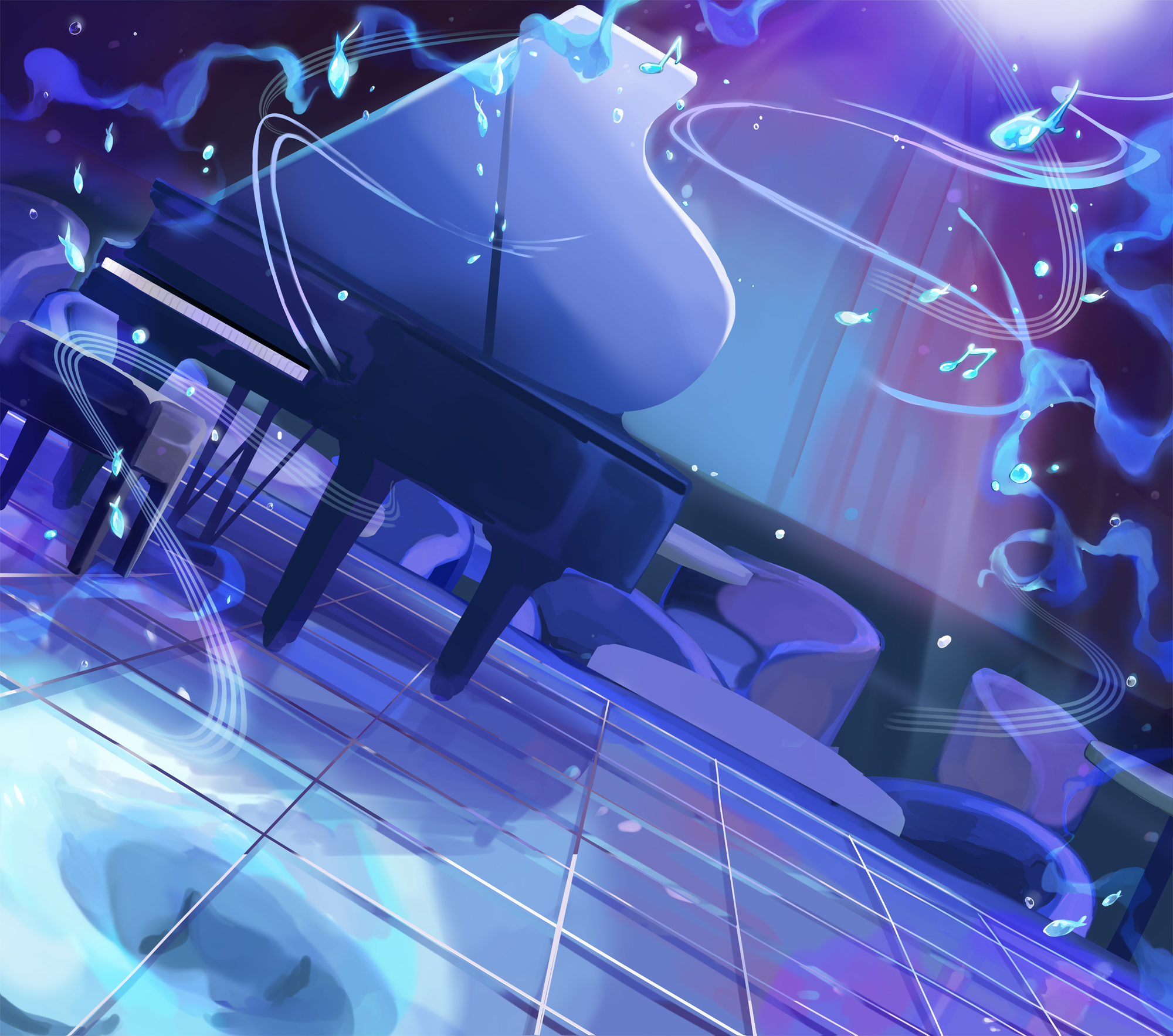 aoijigoku, original, commission, highres, fish, grand piano, instrument, musical note, no humans, piano, smile