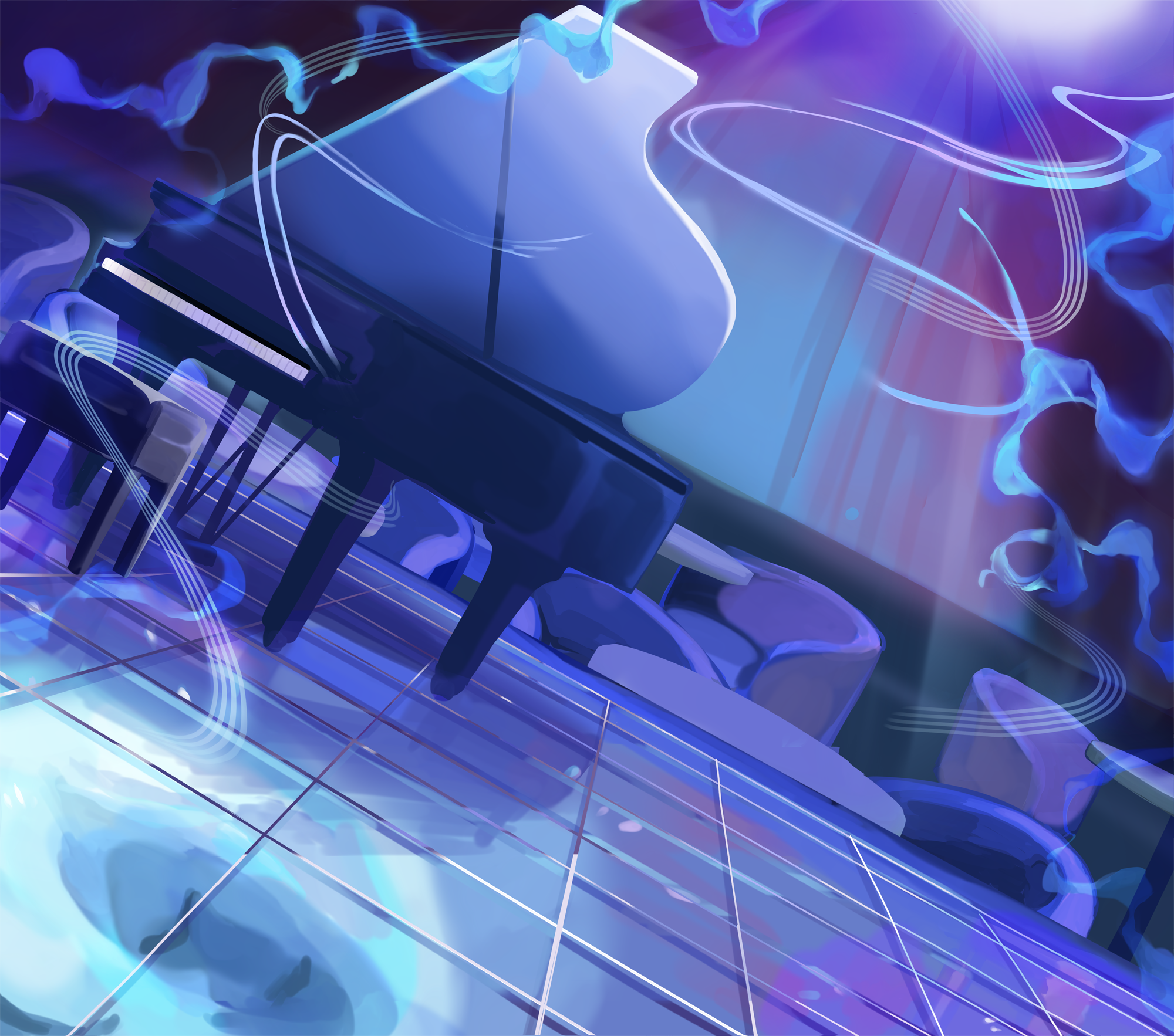 aoijigoku, original, commission, highres, grand piano, instrument, no humans, piano, smile