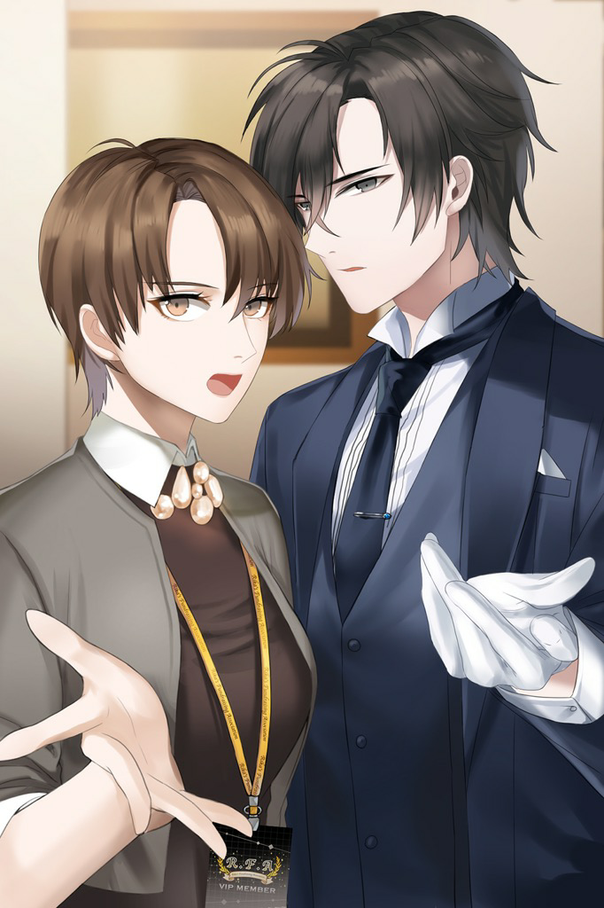 han jumin, kang jaehee, susanghan messenger, game cg, official art, third-party source, 1boy, 1girl, black hair, black jacket, black necktie, blazer, blurry, blurry background, brown eyes, brown shirt, cardigan, dress shirt, facing another, flat chest, formal clothes, gloves, grey cardigan, grey eyes, high collar, indoors, jacket, lanyard, looking to the side, necktie, open cardigan, open clothes, open hands, open mouth, outstretched arms, parted bangs, serious, shirt, short hair, sleeves rolled up, tie clip, upper body, vest, waistcoat, white gloves