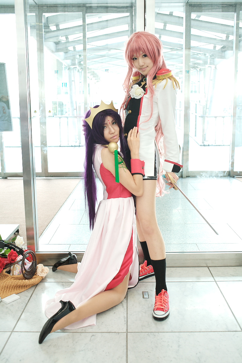 rou (cosplayer), saya (cosplayer), himemiya anthy, tenjou utena, shoujo kakumei utena, highres, photo (medium), cosplay, pink hair, purple hair, sword, weapon