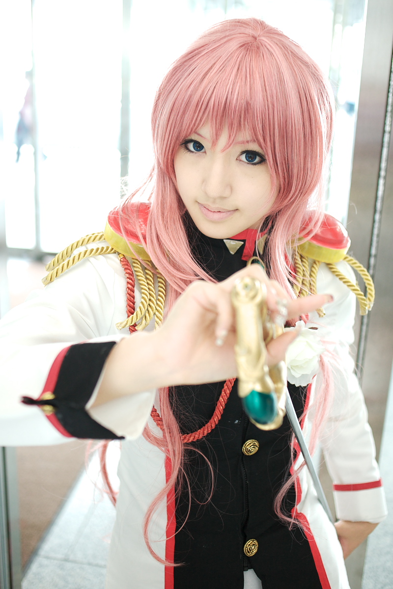 saya (cosplayer), tenjou utena, shoujo kakumei utena, highres, photo (medium), cosplay, pink hair, sword, weapon