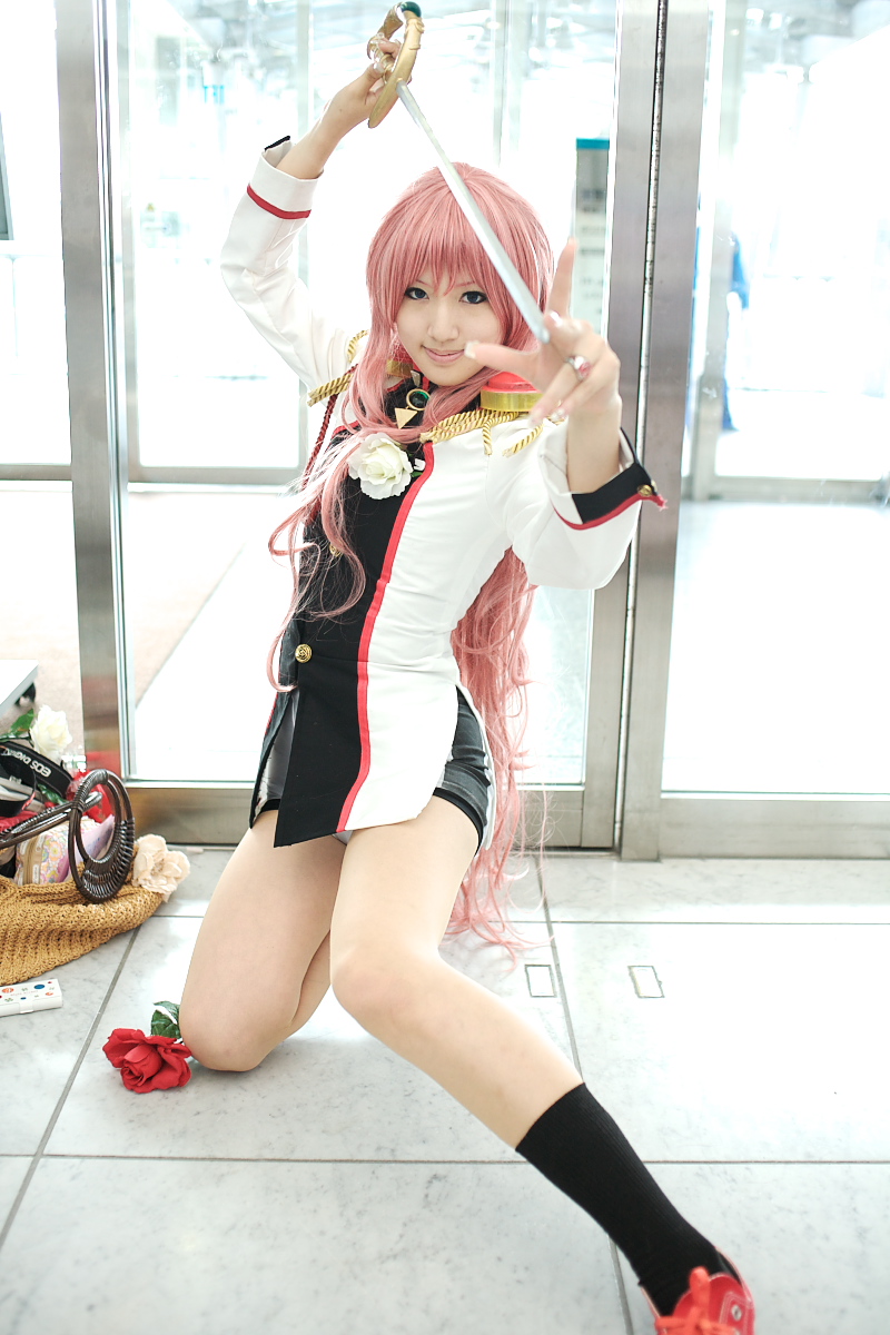 saya (cosplayer), tenjou utena, shoujo kakumei utena, highres, photo (medium), blue eyes, cosplay, flower, jewelry, pink hair, ring, rose, sword, tenjou utena (cosplay), weapon