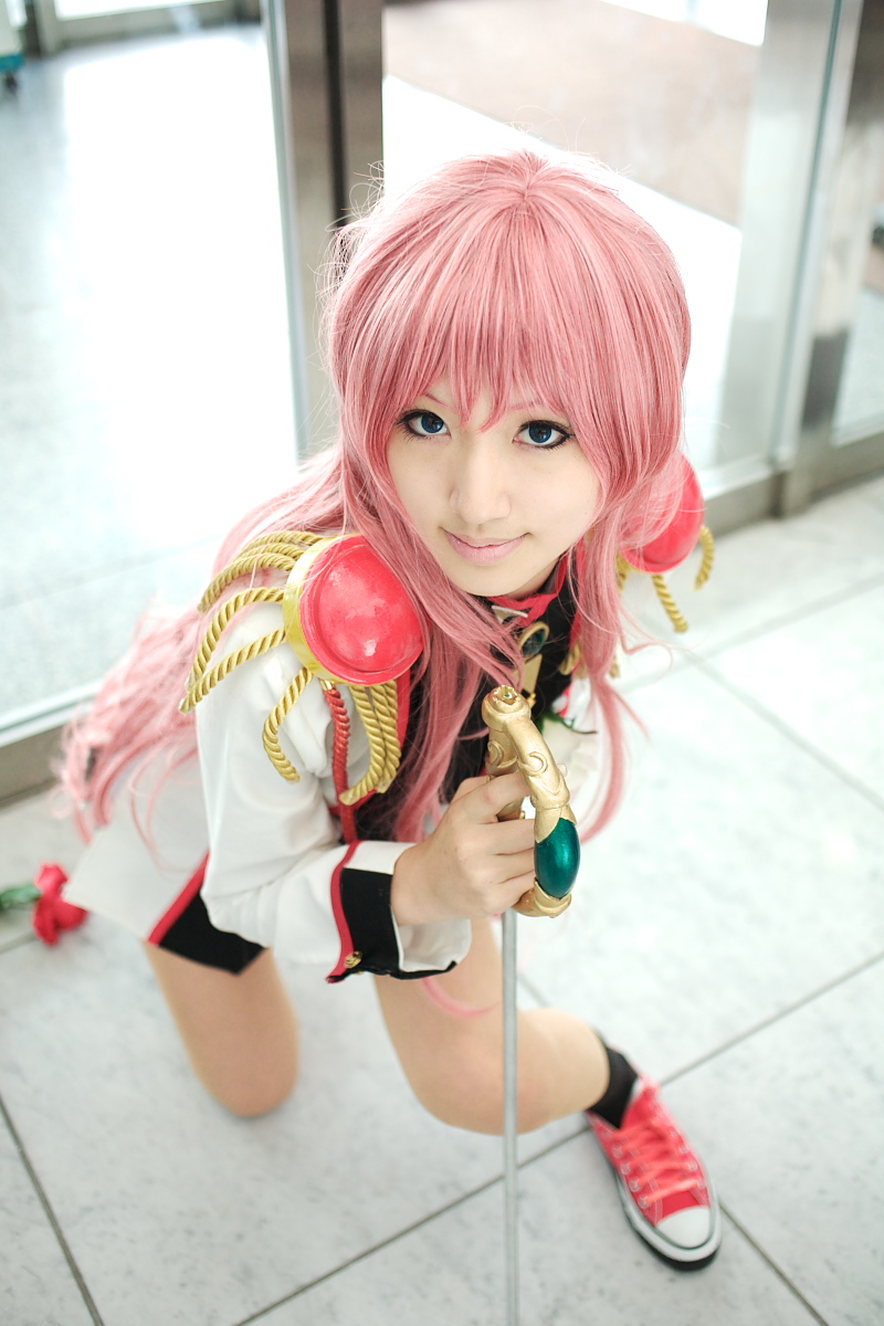 saya (cosplayer), tenjou utena, shoujo kakumei utena, highres, photo (medium), blue eyes, cosplay, flower, pink hair, rose, socks, sword, tenjou utena (cosplay), weapon